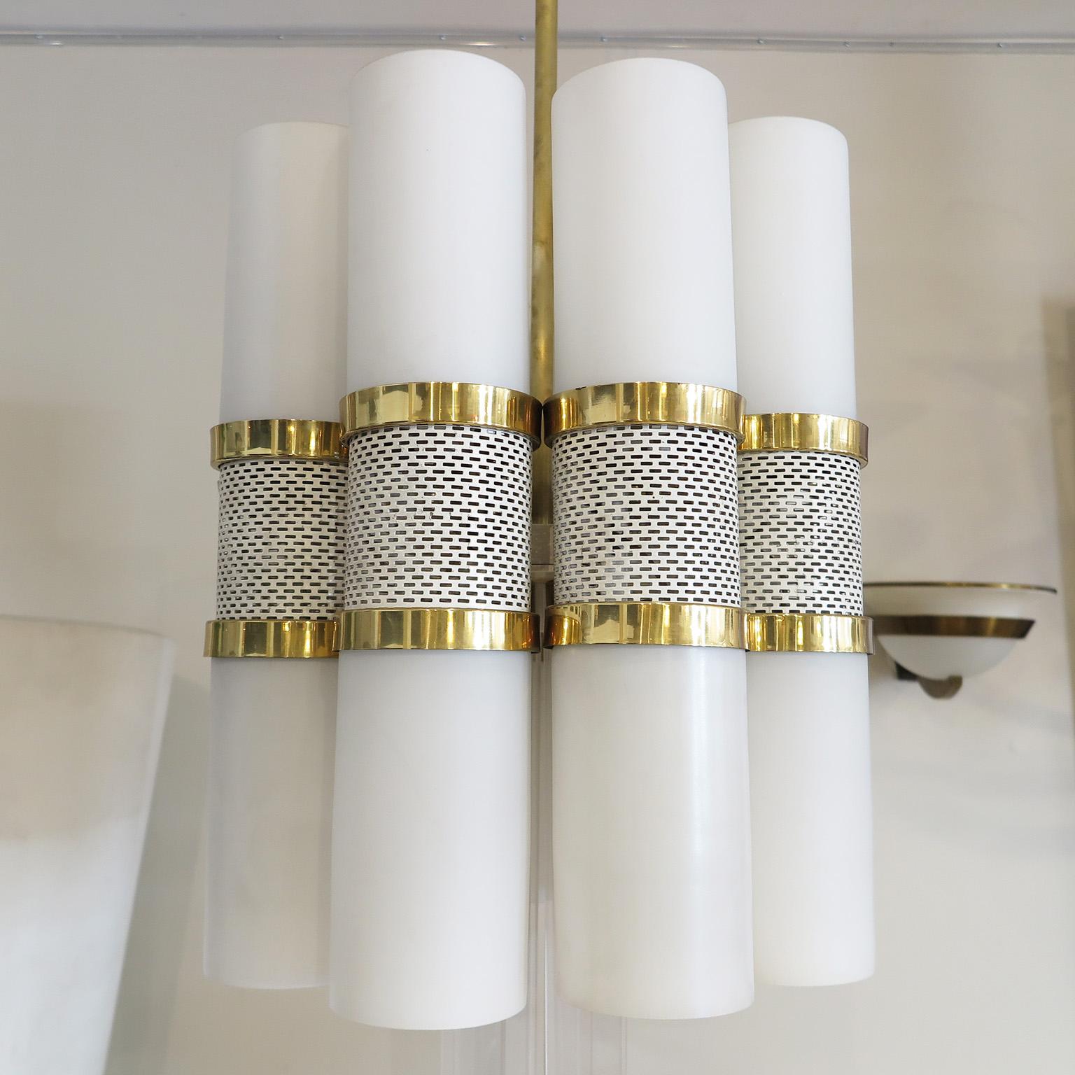 Mid-20th Century Pair of Cylindrical Chandeliers in Milk Glass and Brass, Germany c. 1960's For Sale