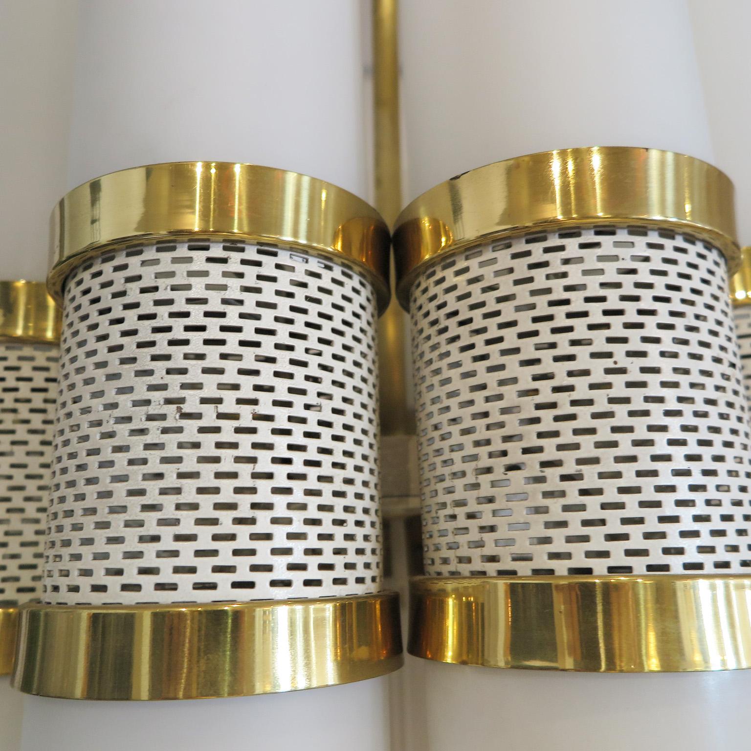 Pair of Cylindrical Chandeliers in Milk Glass and Brass, Germany c. 1960's For Sale 1