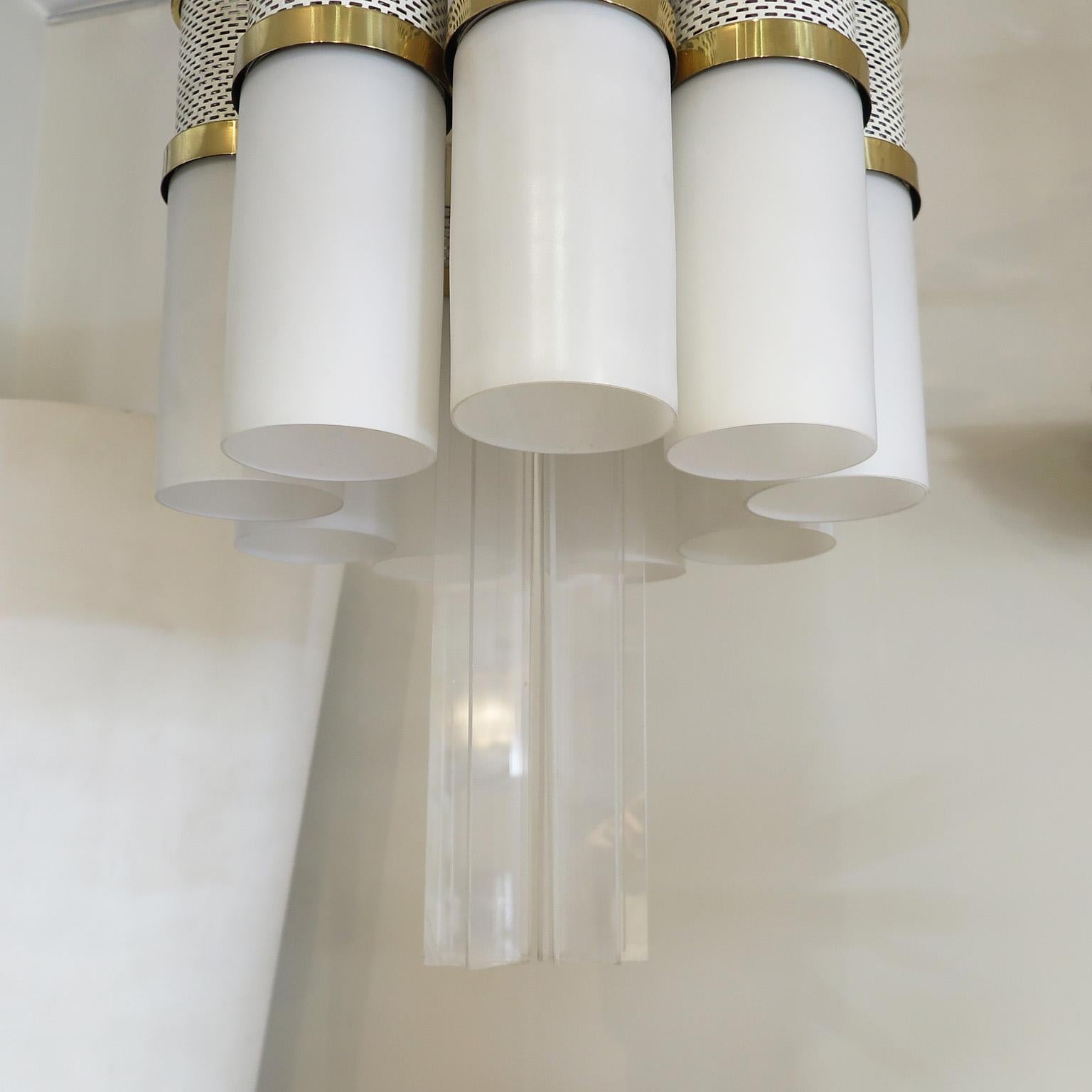 Pair of Cylindrical Chandeliers in Milk Glass and Brass, Germany c. 1960's For Sale 3