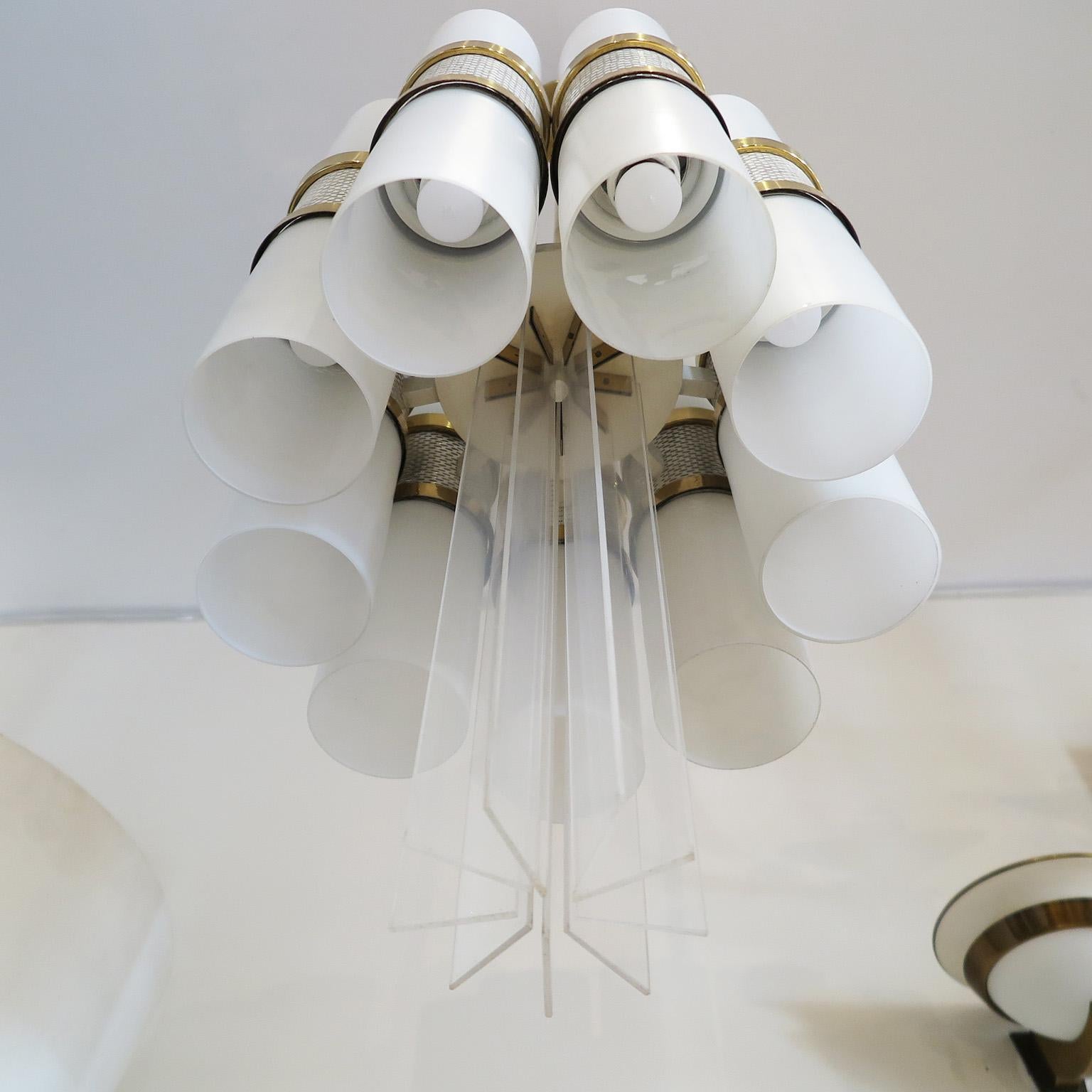 Pair of Cylindrical Chandeliers in Milk Glass and Brass, Germany c. 1960's For Sale 4