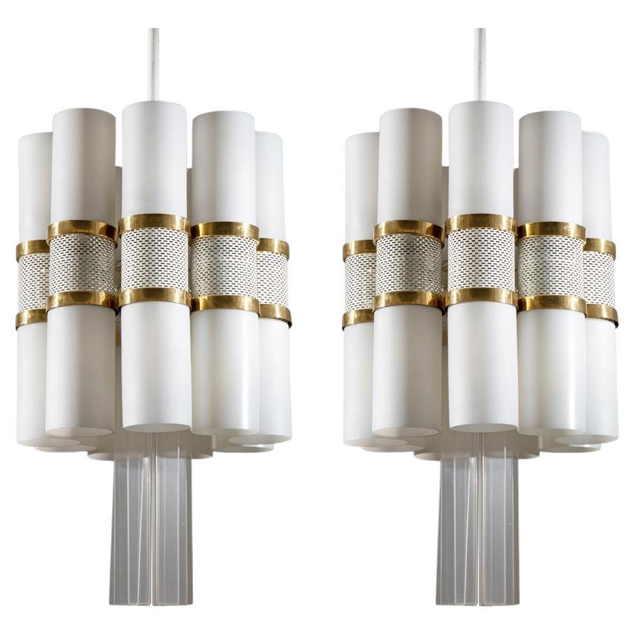 Pair of Cylindrical Chandeliers in Milk Glass and Brass, Germany c. 1960's For Sale