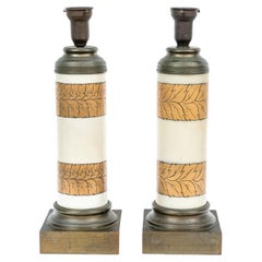 Pair Of Cylindrical Frosted Glass And Brass Mid Century Table Lamps