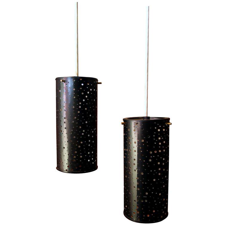 Pair of Cylindrical Hanging Lights For Sale