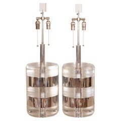 Pair of Cylindrical Lucite and Chrome Banded Lamps