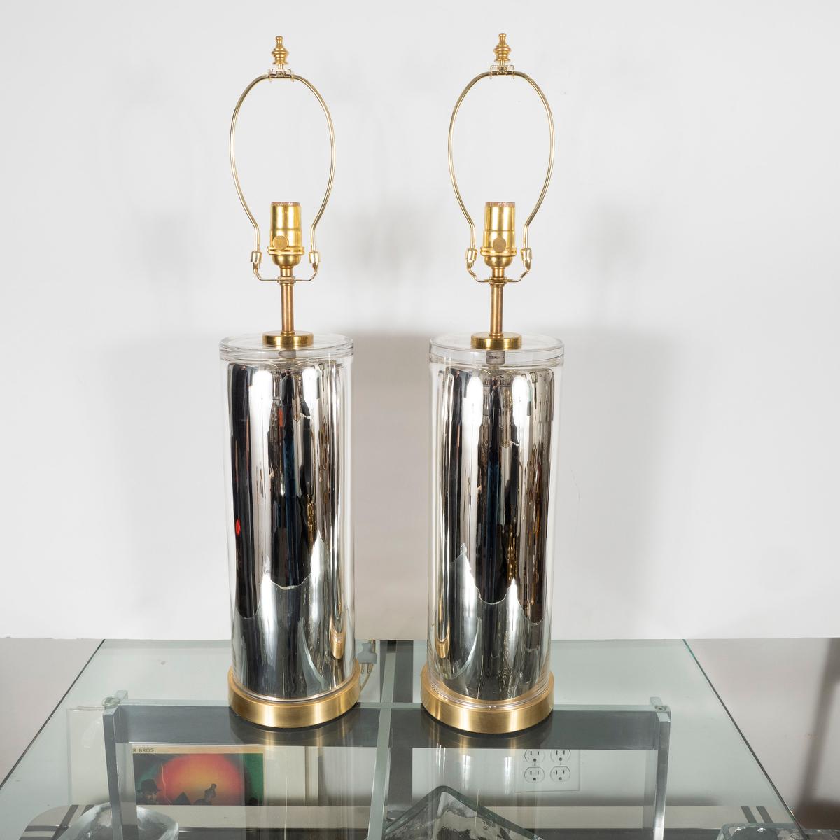 American Pair of Cylindrical Mercury Glass Table Lamps For Sale