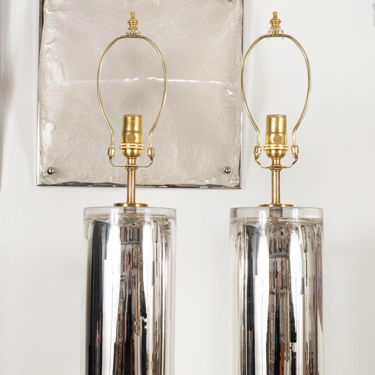 Brass Pair of Cylindrical Mercury Glass Table Lamps For Sale