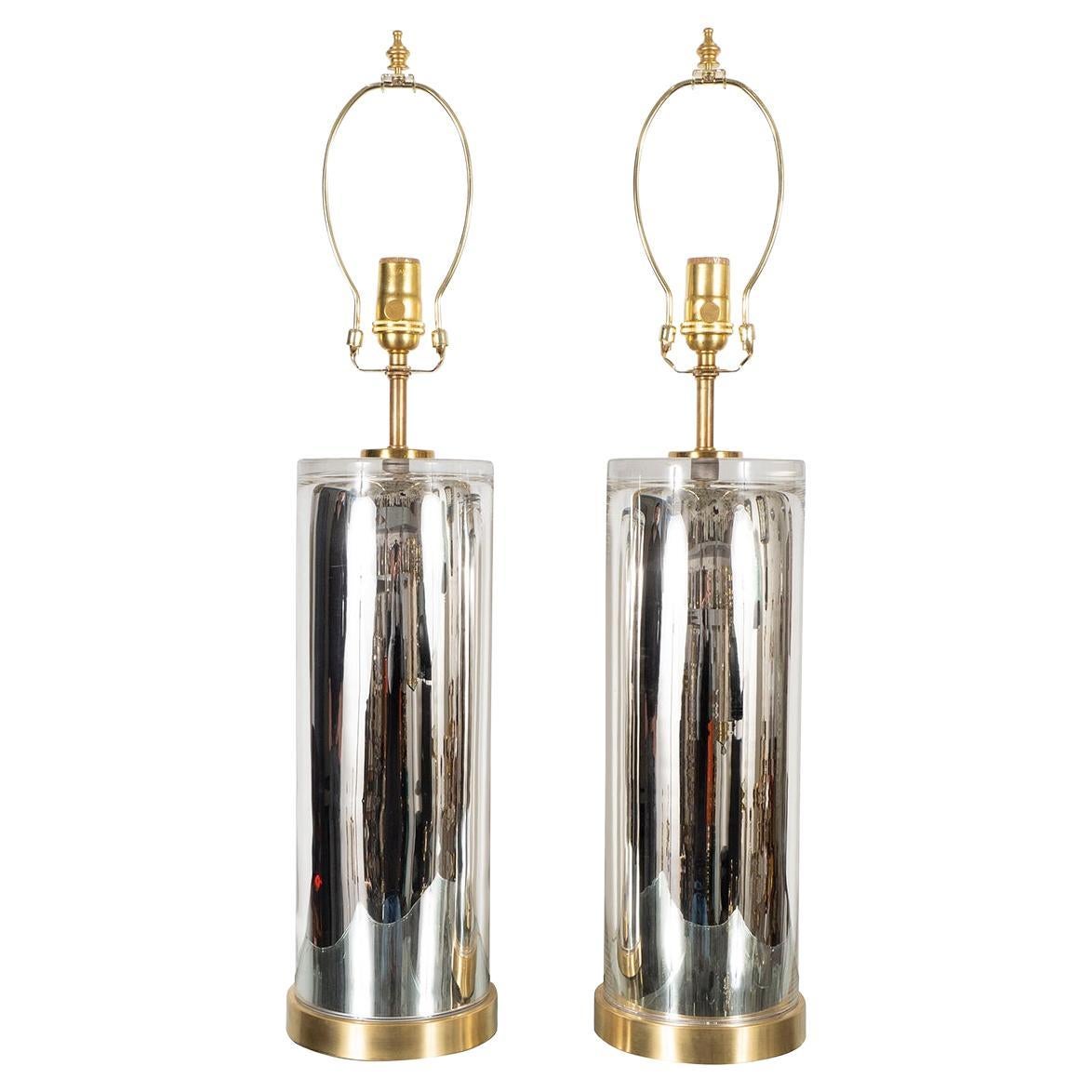 Paire de lampes de bureau cylindriques en verre mercuré en vente