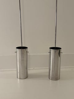 Pair of Cylindrical Metal Pivoting Pendant Spotlights Attributed to Paul Mayen