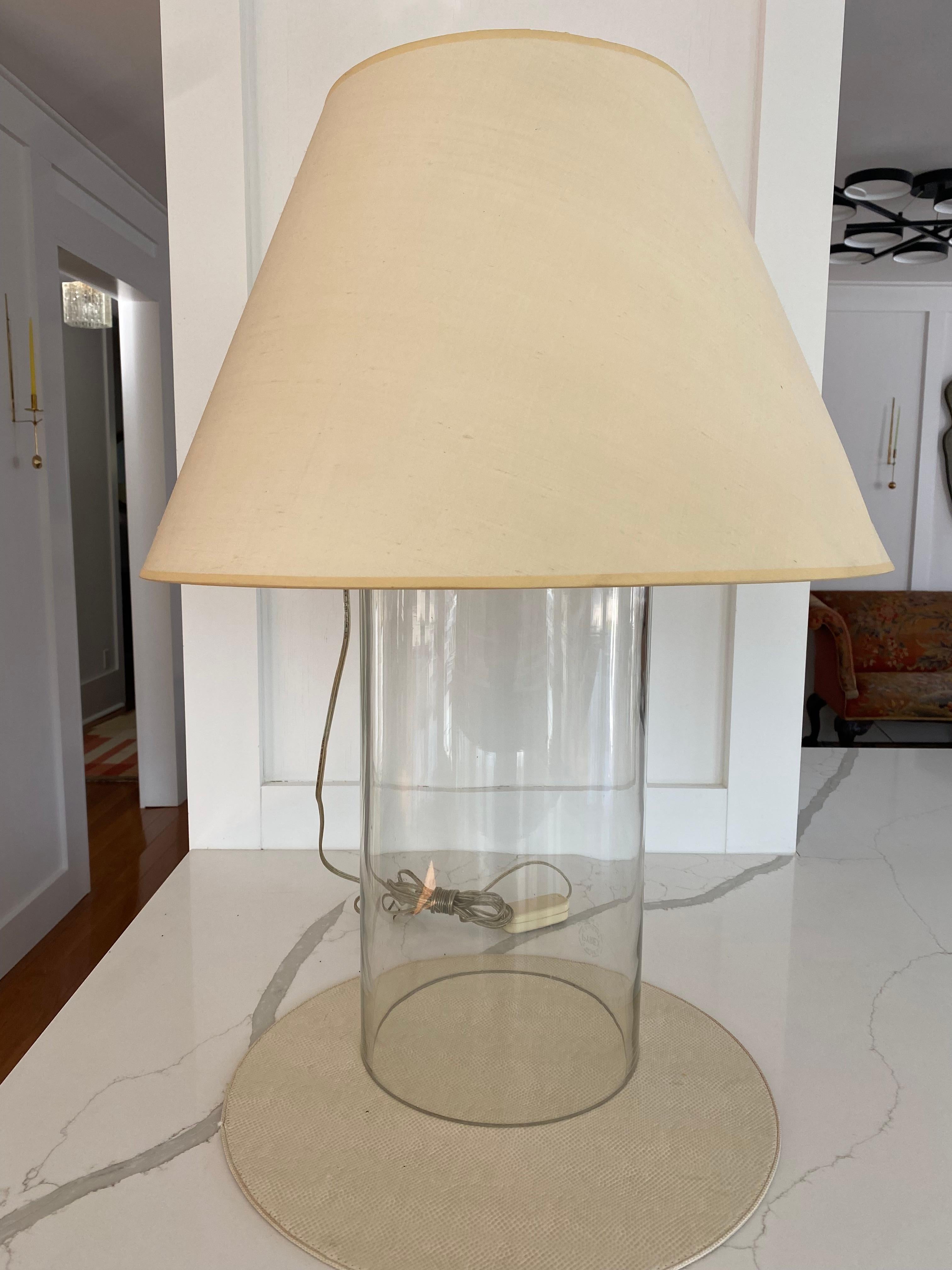 Pair of pyrex glass industrial style lamps that are simple and classic Model 999 by John Saladino. 
Shades not include - original shades approx 10 x 24 x 7 high.


