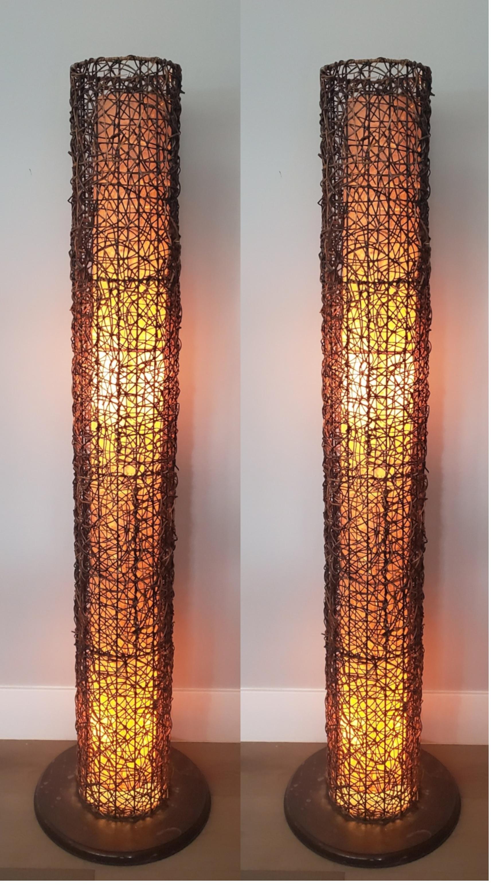 Pair of Cylindrical  Rattan and Fiberglass Floor Lamps For Sale 3