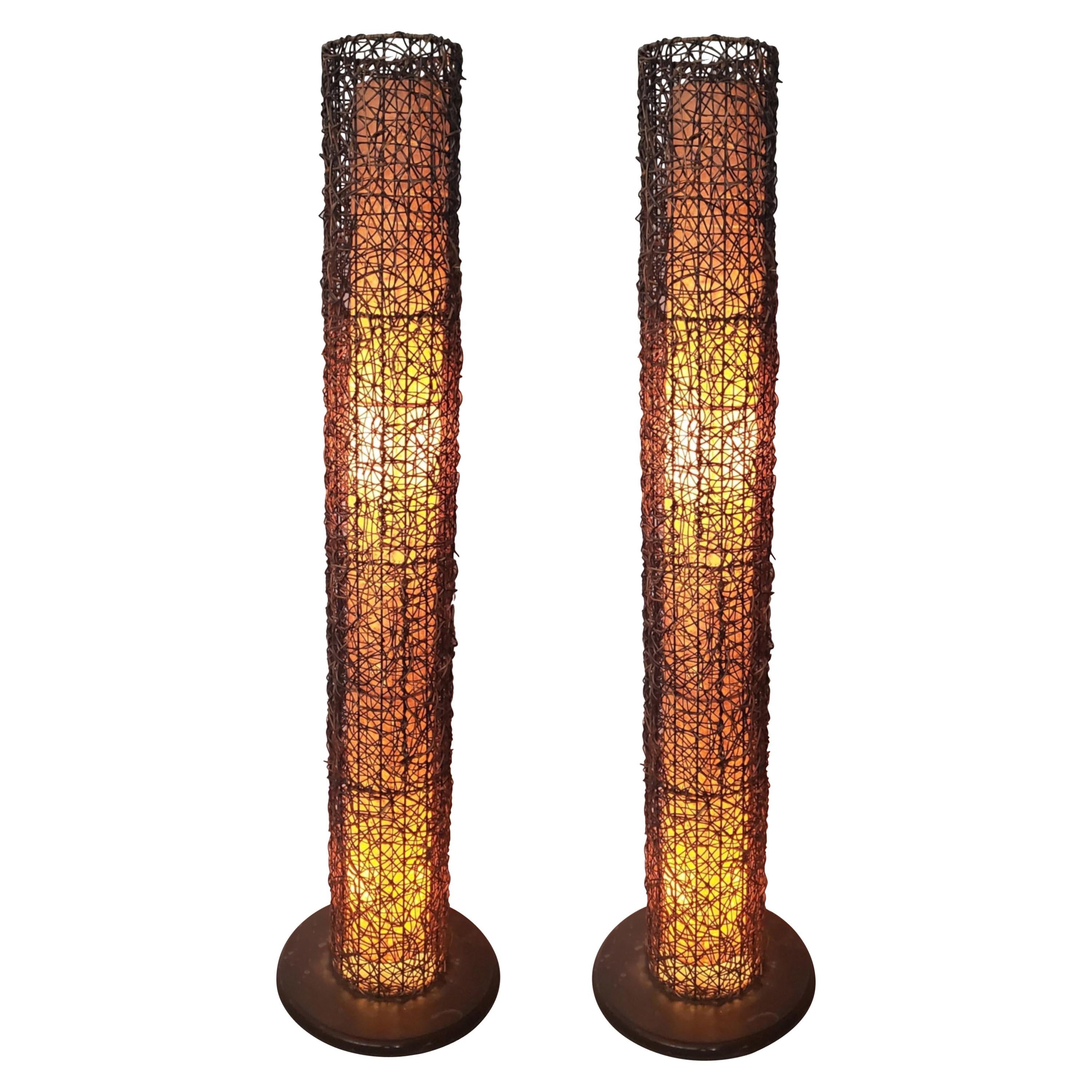 Pair of Cylindrical  Rattan and Fiberglass Floor Lamps For Sale