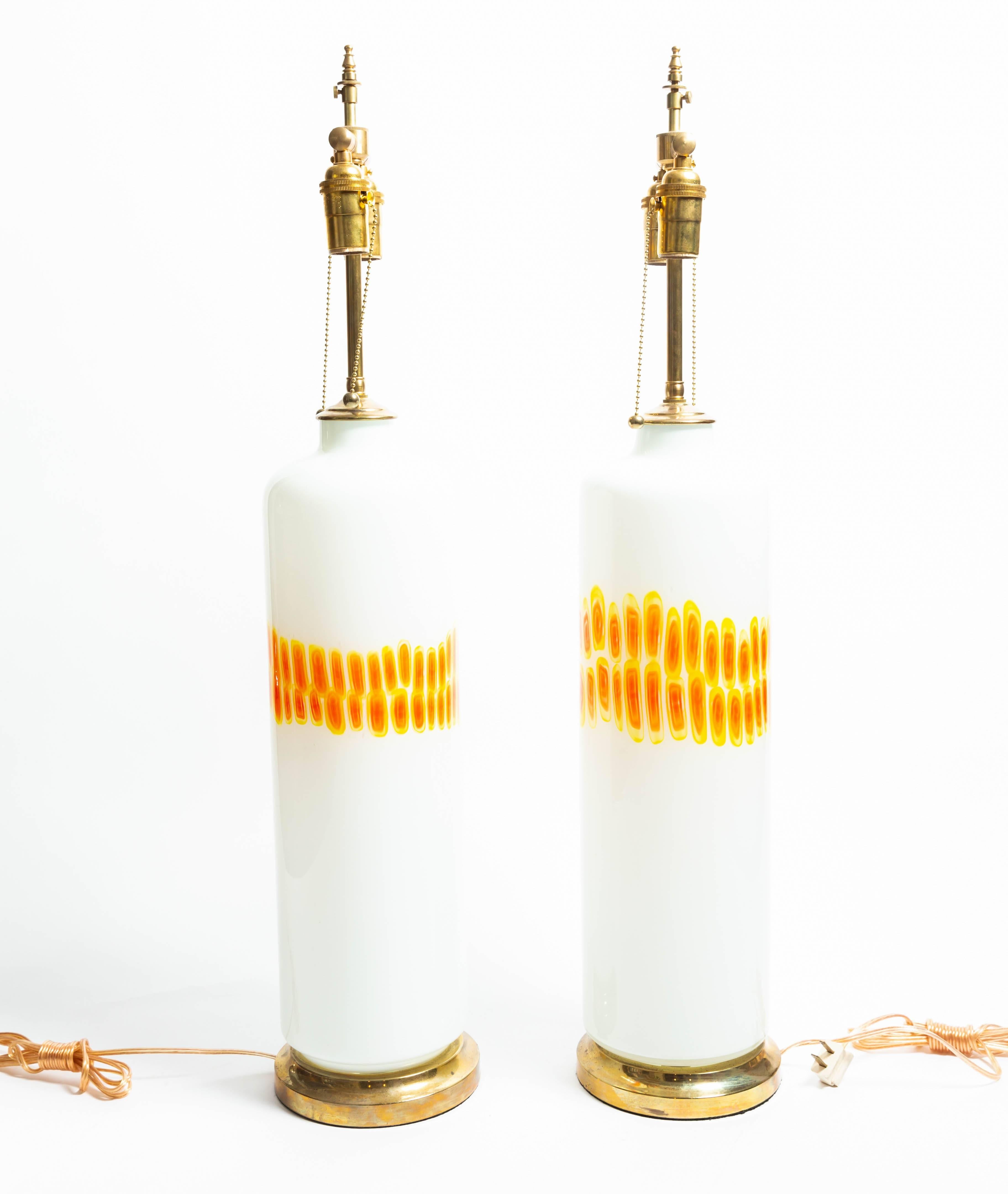 Pair of Cylindrical White Glass Lamps with Orange and Yellow Design by Venini For Sale 3