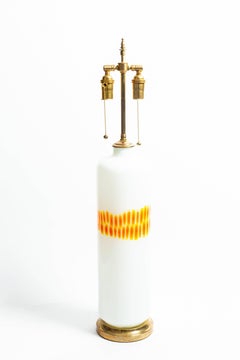 Pair of Cylindrical White Glass Lamps with Orange and Yellow Design by Venini