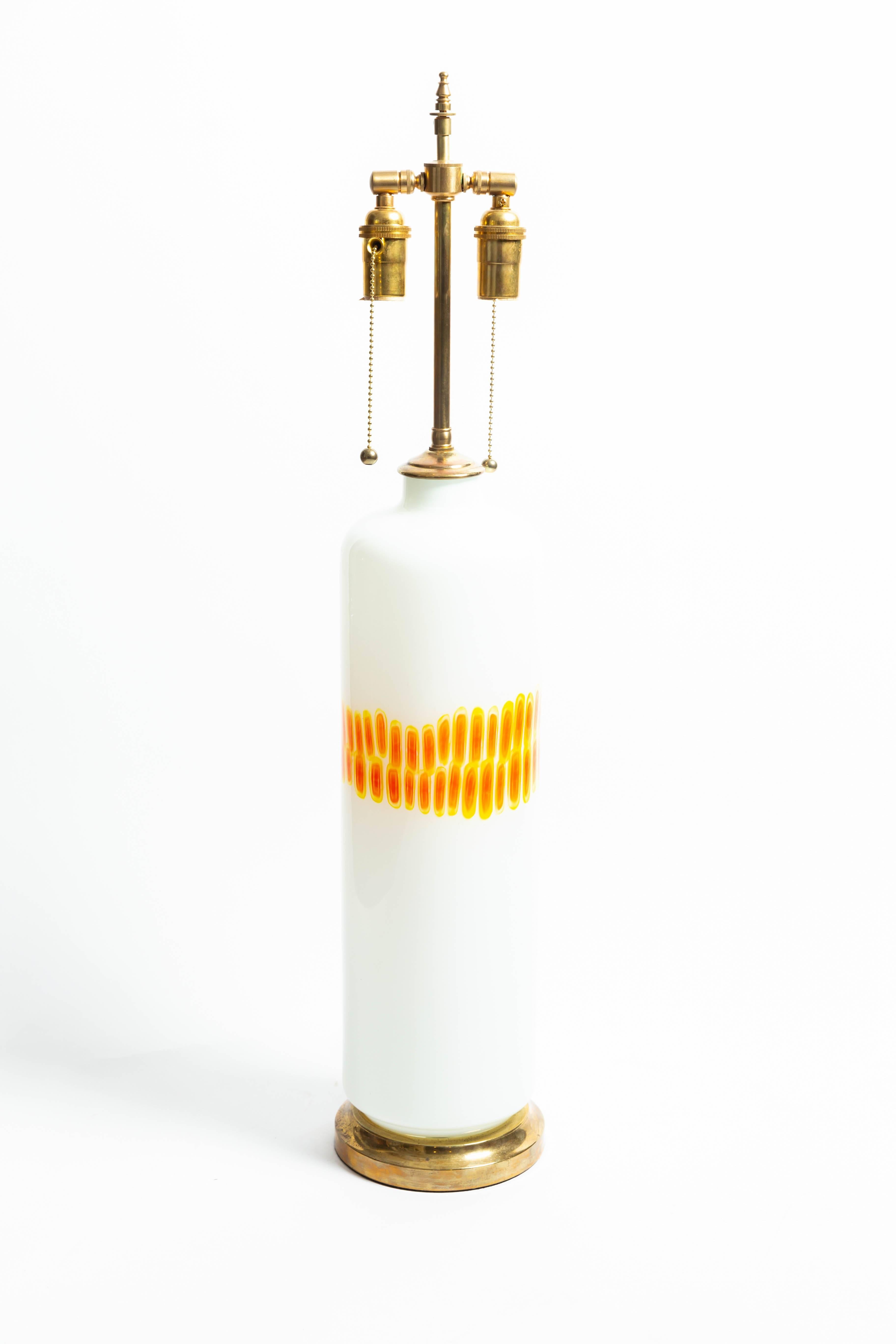 Mid-Century Modern Pair of Cylindrical White Glass Lamps with Orange and Yellow Design by Venini For Sale
