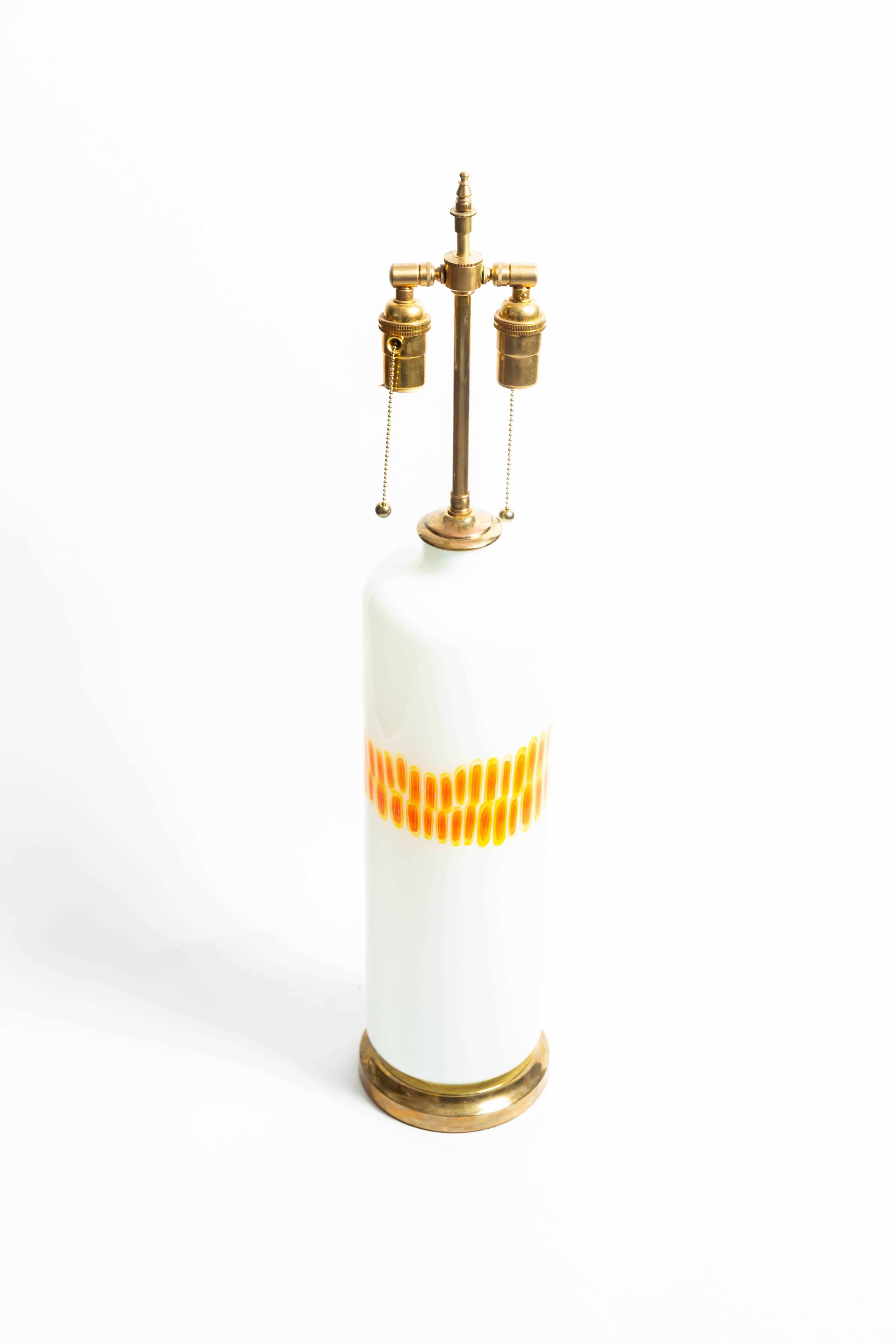 Italian Pair of Cylindrical White Glass Lamps with Orange and Yellow Design by Venini For Sale