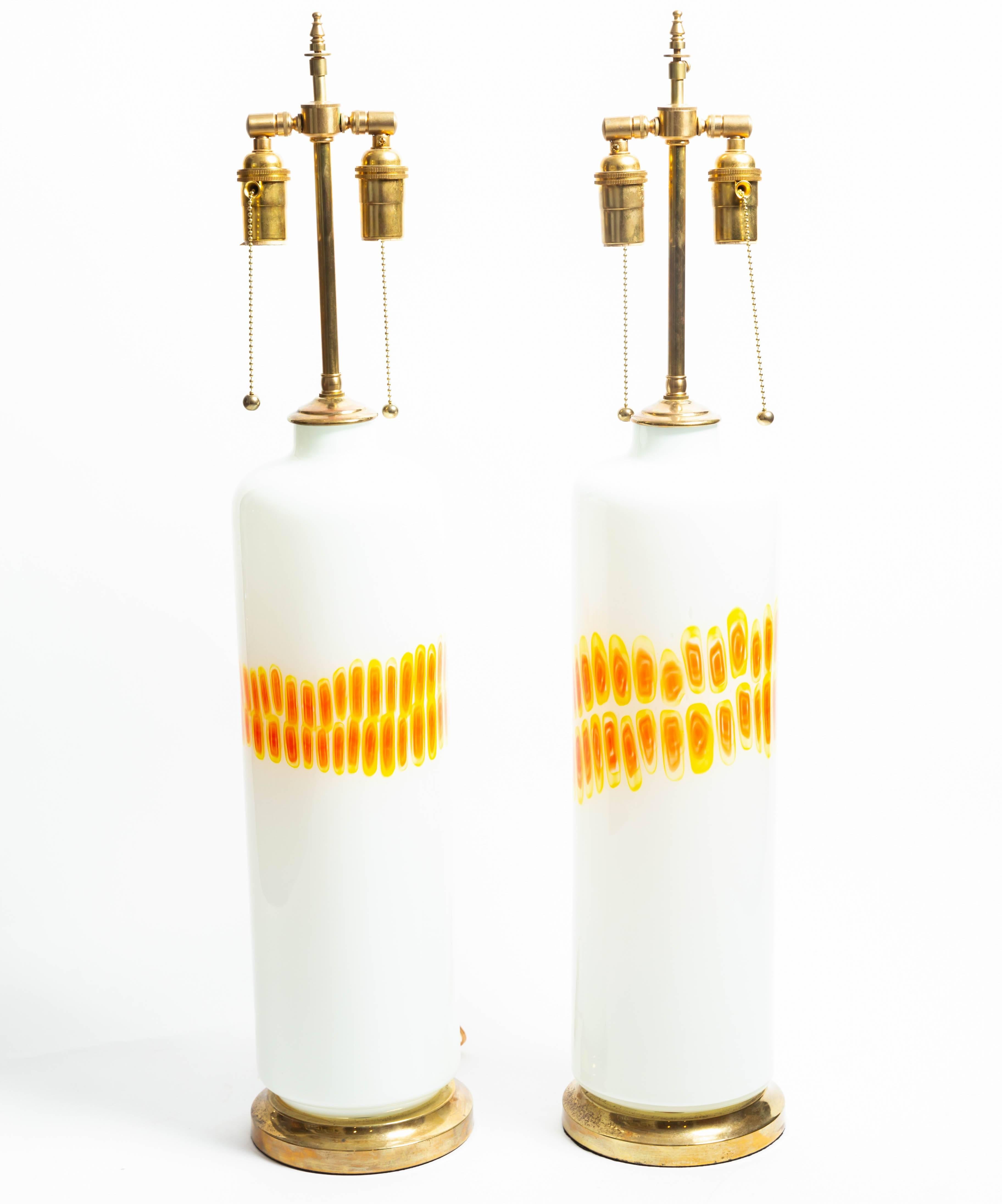 Pair of Cylindrical White Glass Lamps with Orange and Yellow Design by Venini In Good Condition For Sale In Bridgehampton, NY