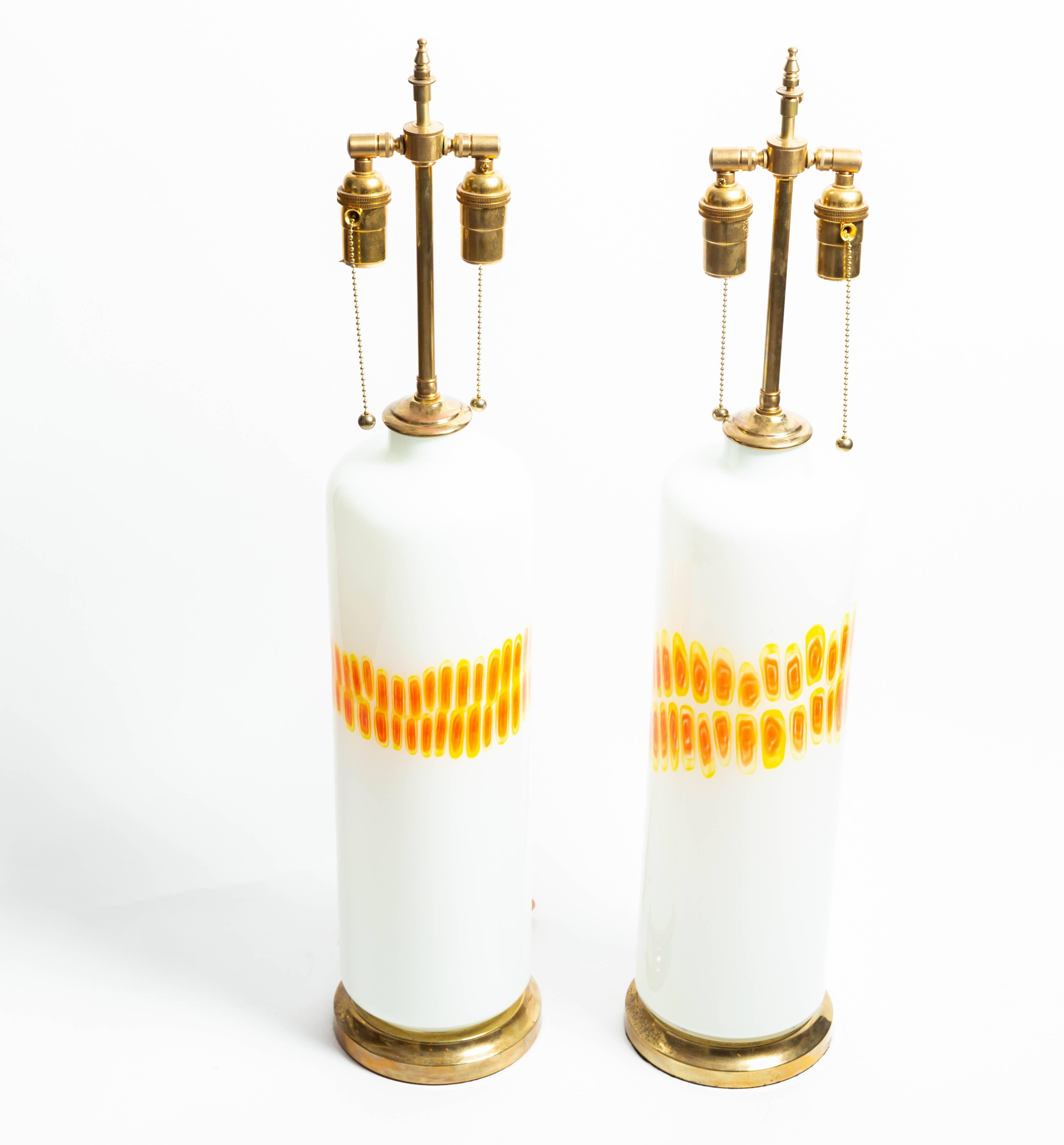 20th Century Pair of Cylindrical White Glass Lamps with Orange and Yellow Design by Venini For Sale