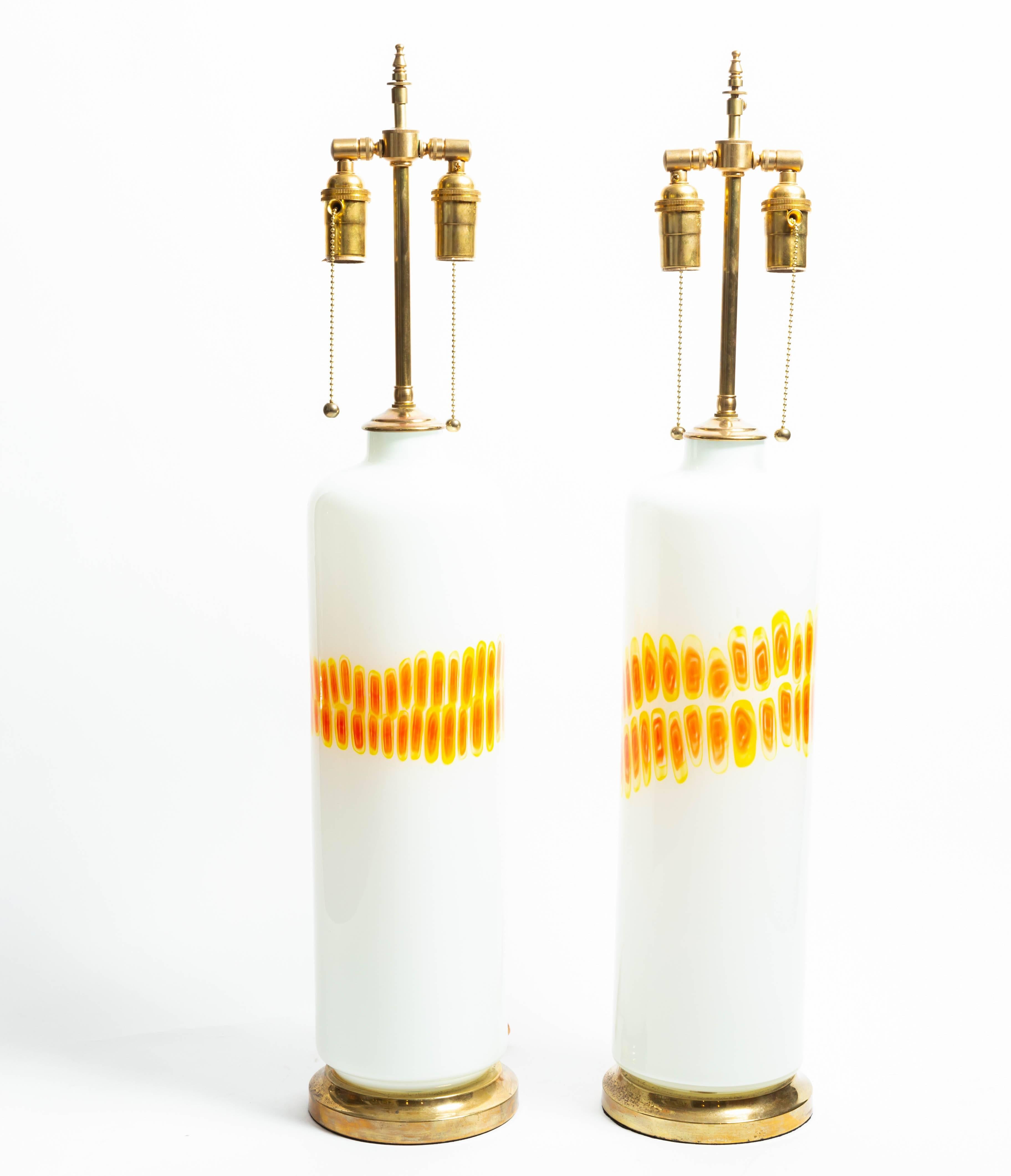 Brass Pair of Cylindrical White Glass Lamps with Orange and Yellow Design by Venini For Sale