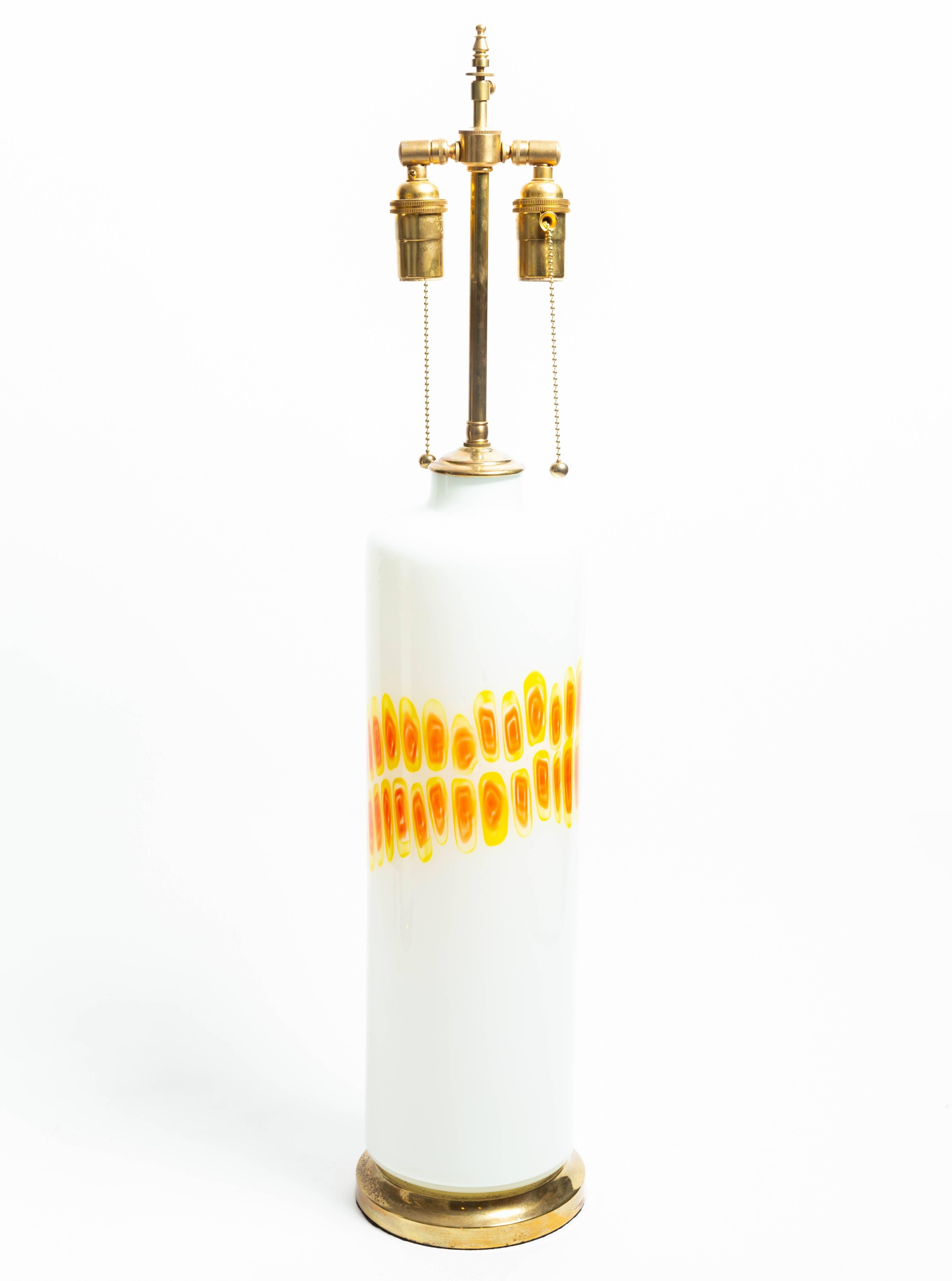 Pair of Cylindrical White Glass Lamps with Orange and Yellow Design by Venini For Sale 1