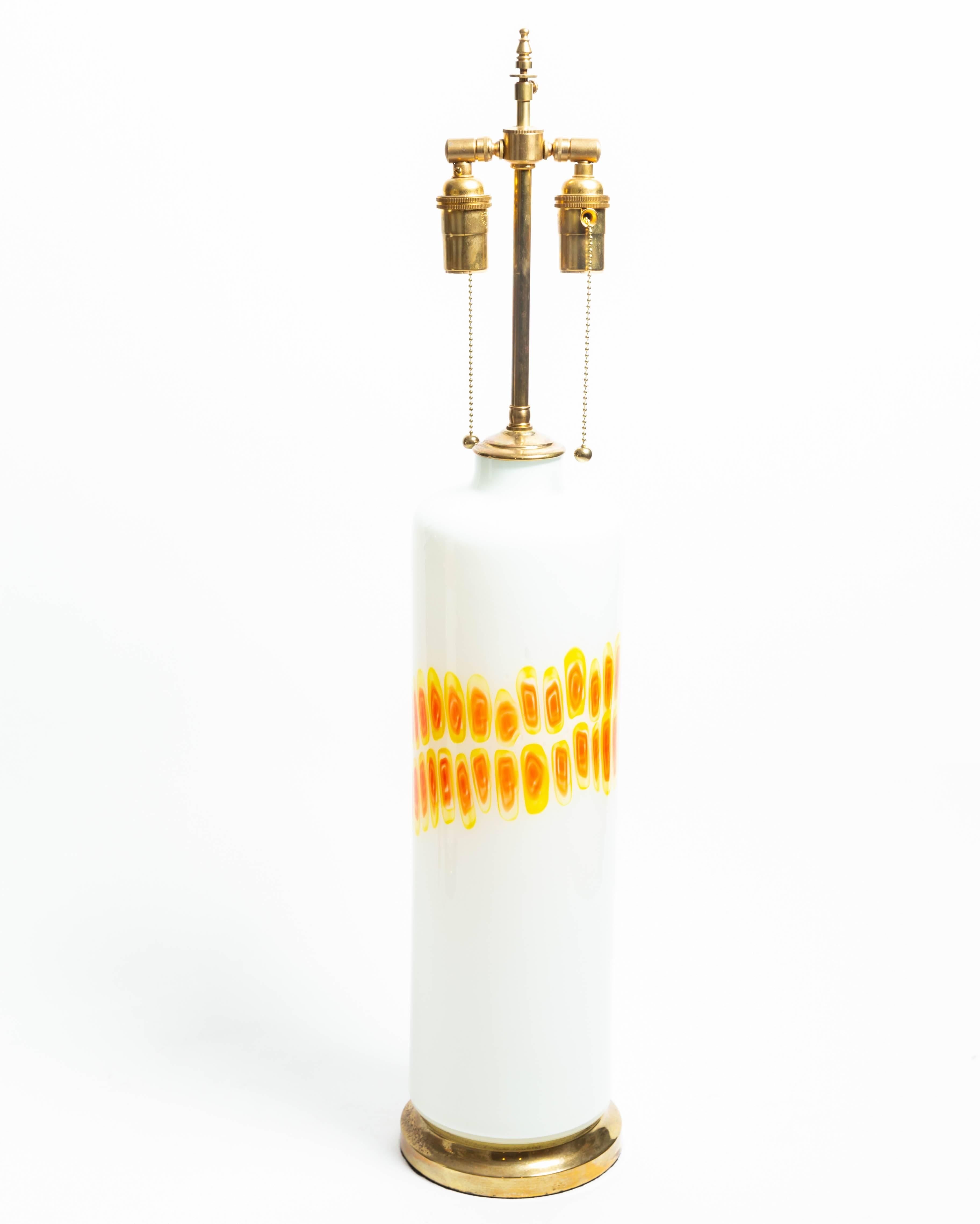 Pair of Cylindrical White Glass Lamps with Orange and Yellow Design by Venini For Sale 2