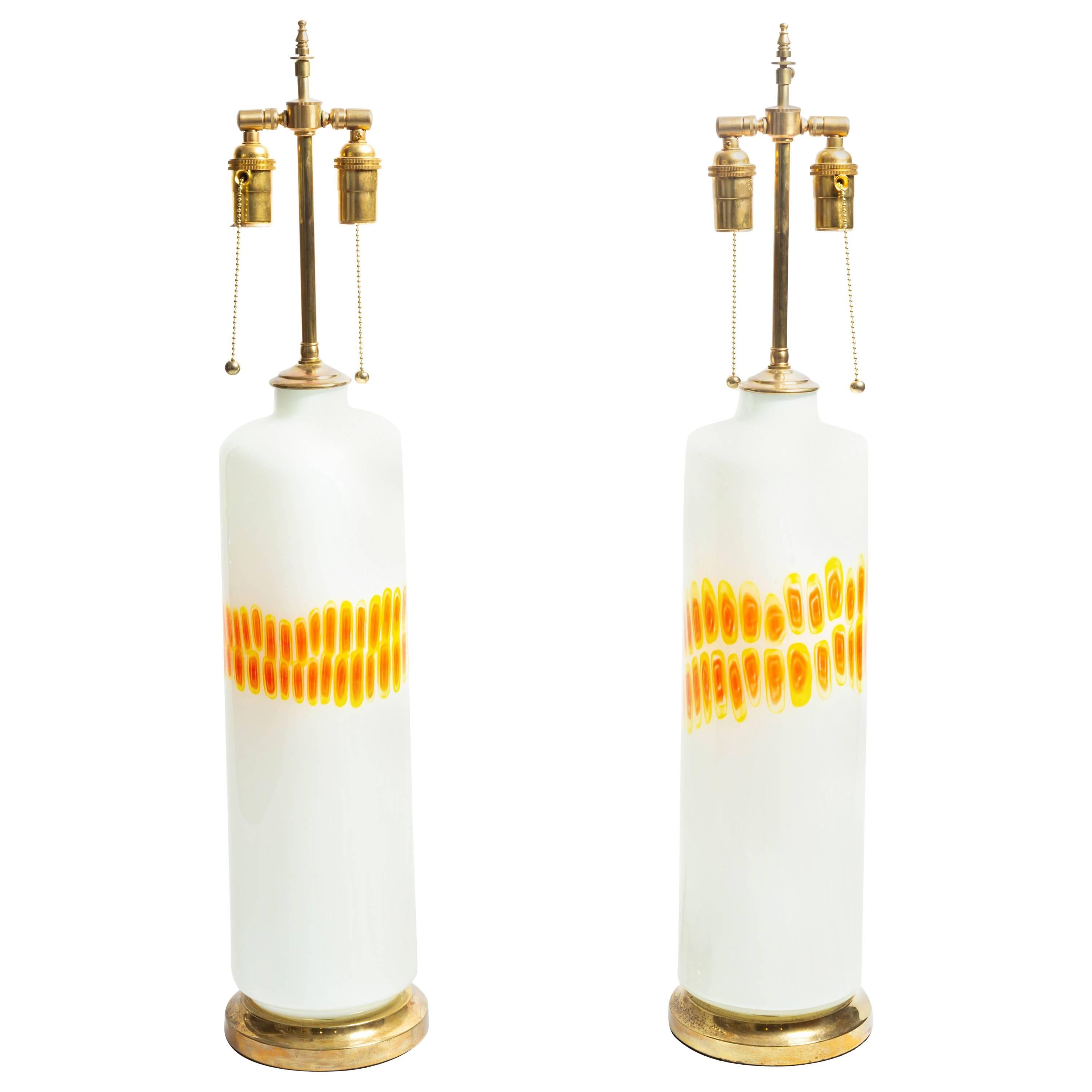 Pair of Cylindrical White Glass Lamps with Orange and Yellow Design by Venini For Sale
