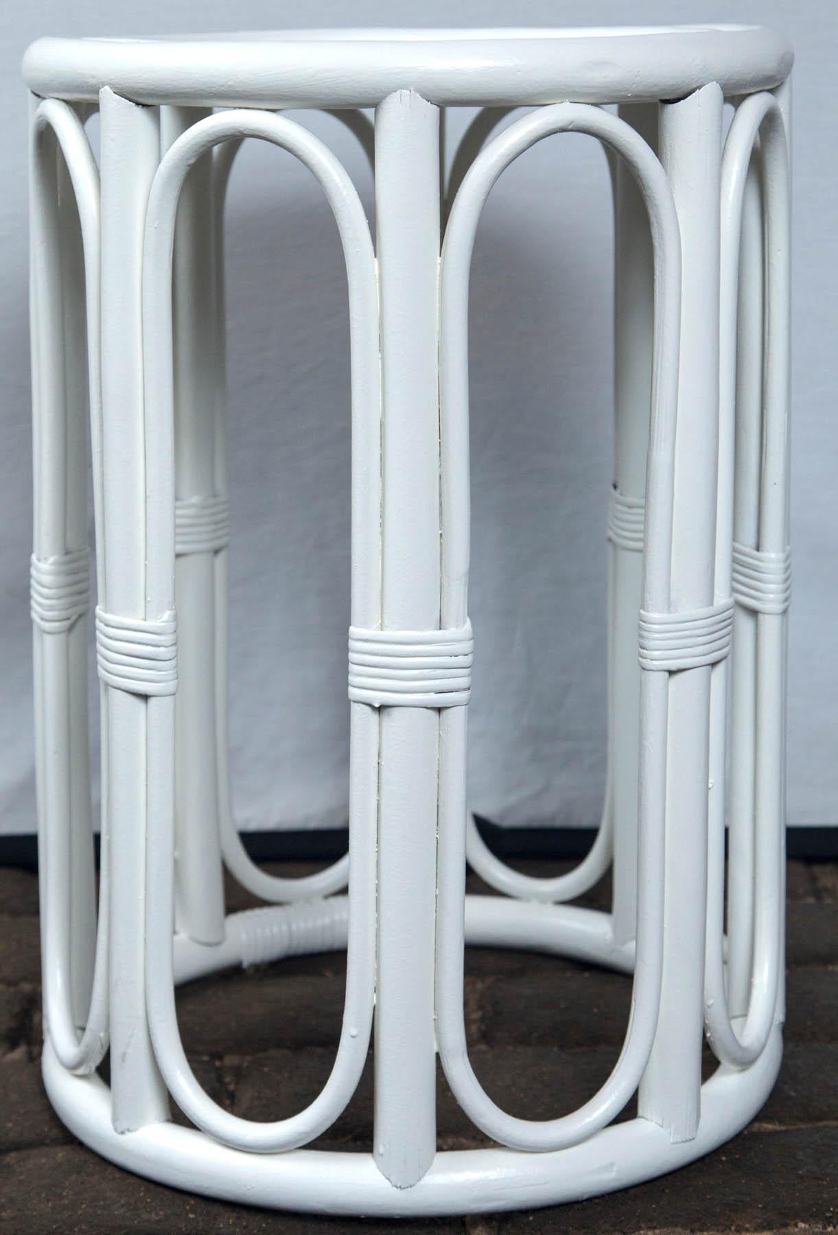 Mid-20th Century Pair of Cylindrical White Painted Rattan Side Tables