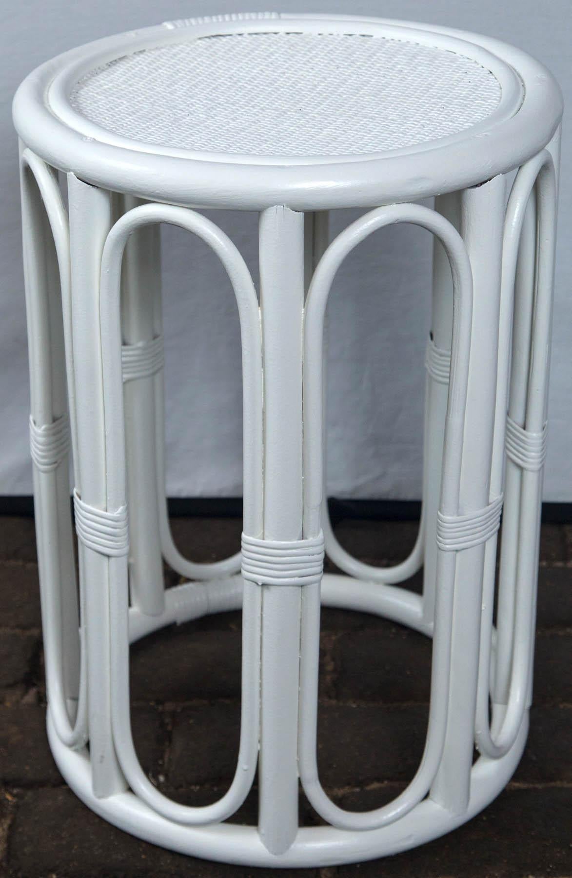 Pair of Cylindrical White Painted Rattan Side Tables 1