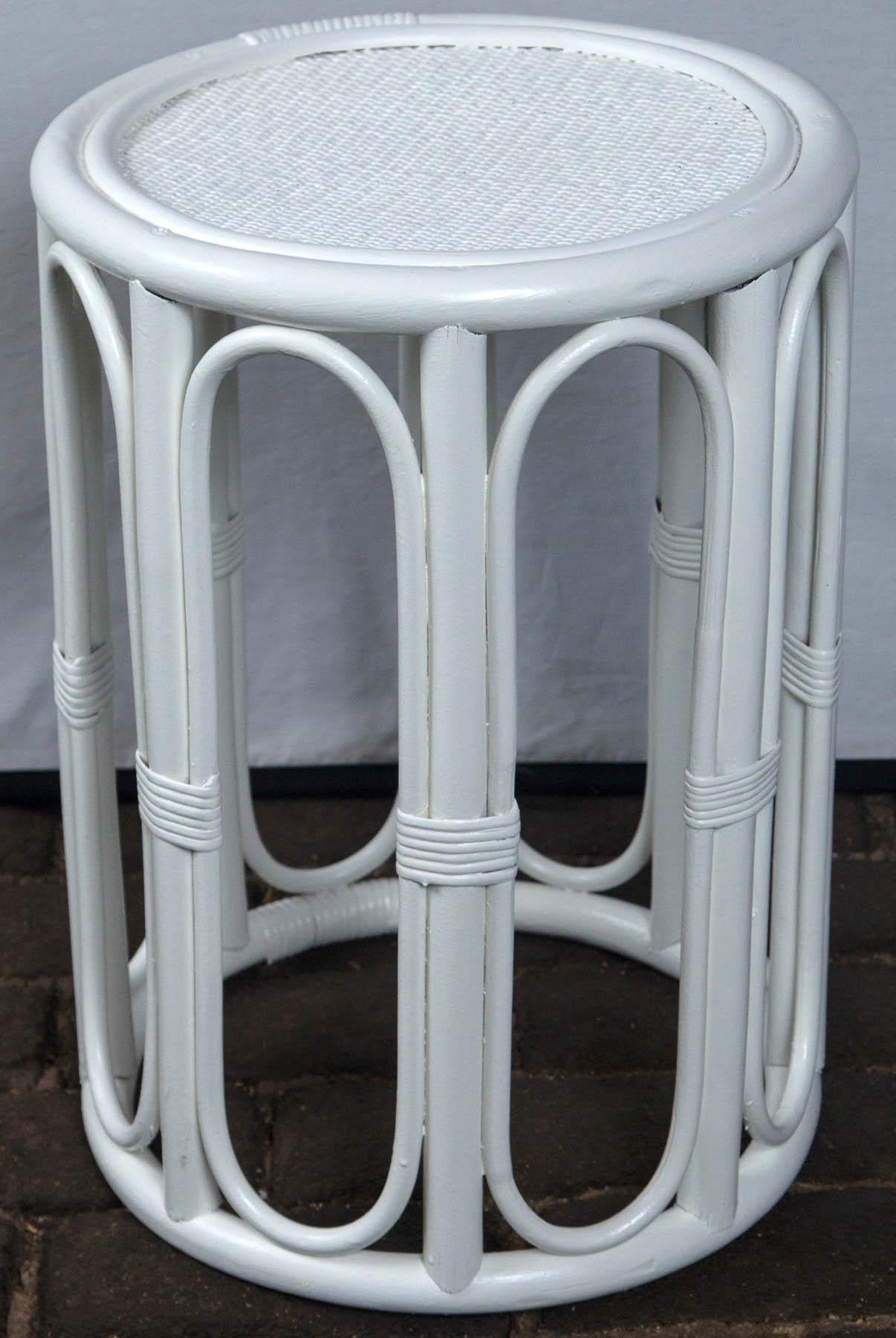 Pair of Cylindrical White Painted Rattan Side Tables 2