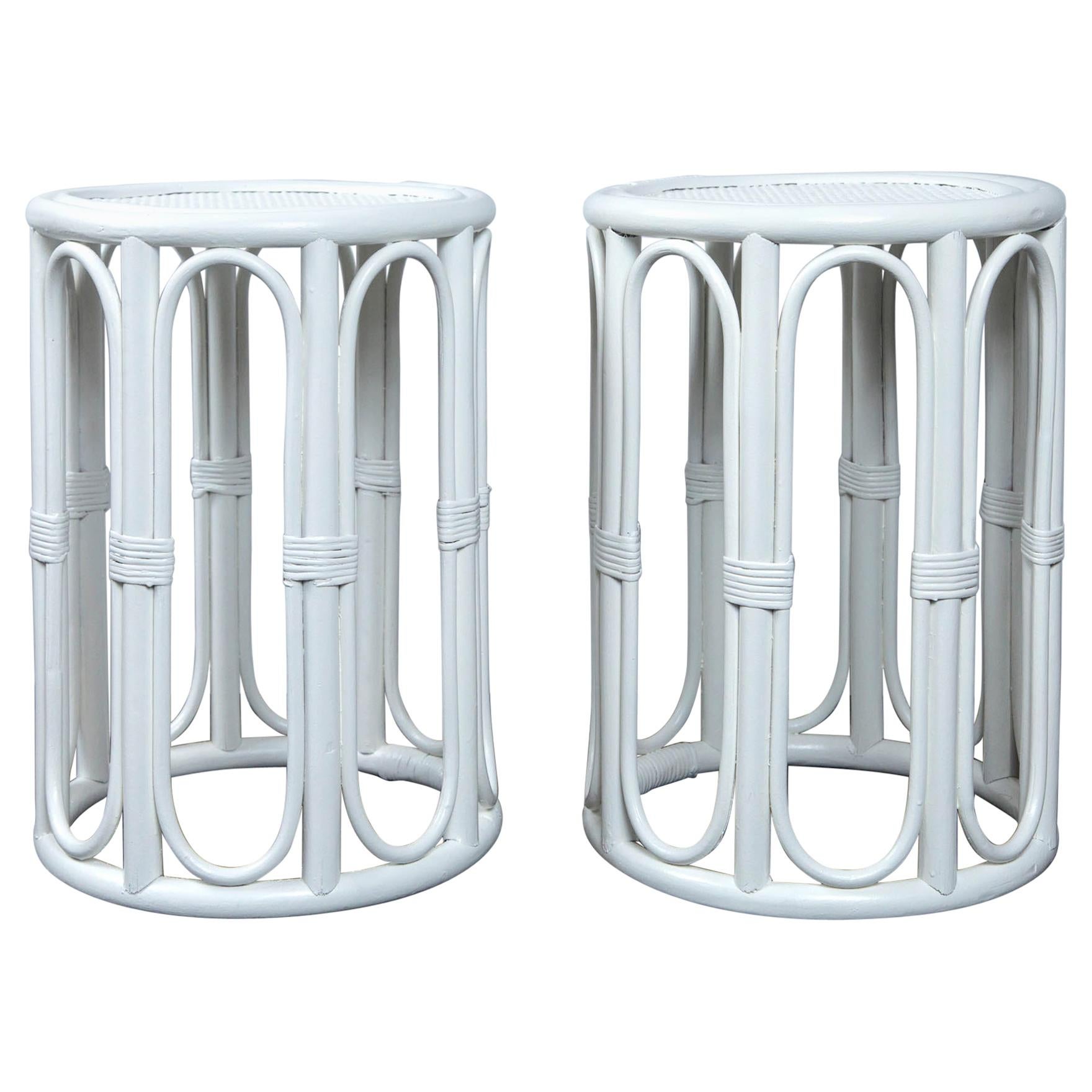 Pair of Cylindrical White Painted Rattan Side Tables