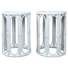 Pair of Cylindrical White Painted Rattan Side Tables