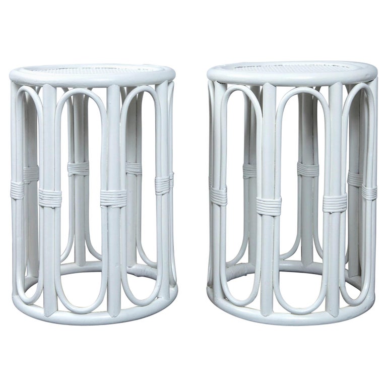 Pair of Cylindrical White Painted Rattan Side Tables at 1stDibs