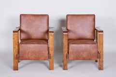 Coppia di poltrone funzionaliste regolabili ceche in pelle e Oak, anni '30