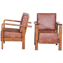 Coppia di poltrone funzionaliste regolabili ceche in pelle e Oak, anni '30