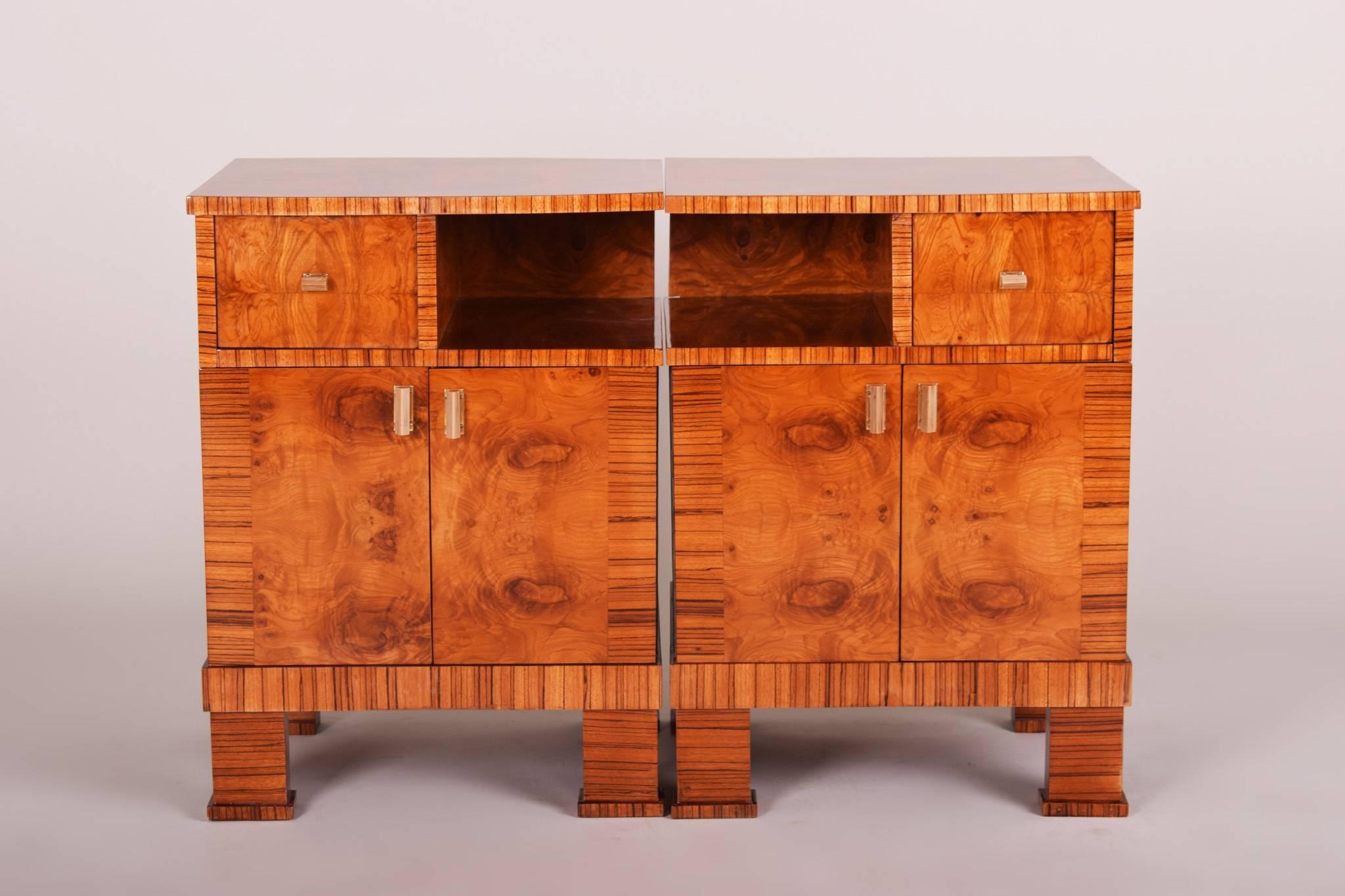 Pair of Czech Art Deco Bed-Side Tables, High Gloss, Walnut, Elm Zebrano 1