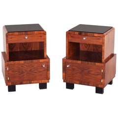 Pair of Czech Artdeco Bed-Side Tables, High Gloss, Walnut, Black Glass 1930-1939