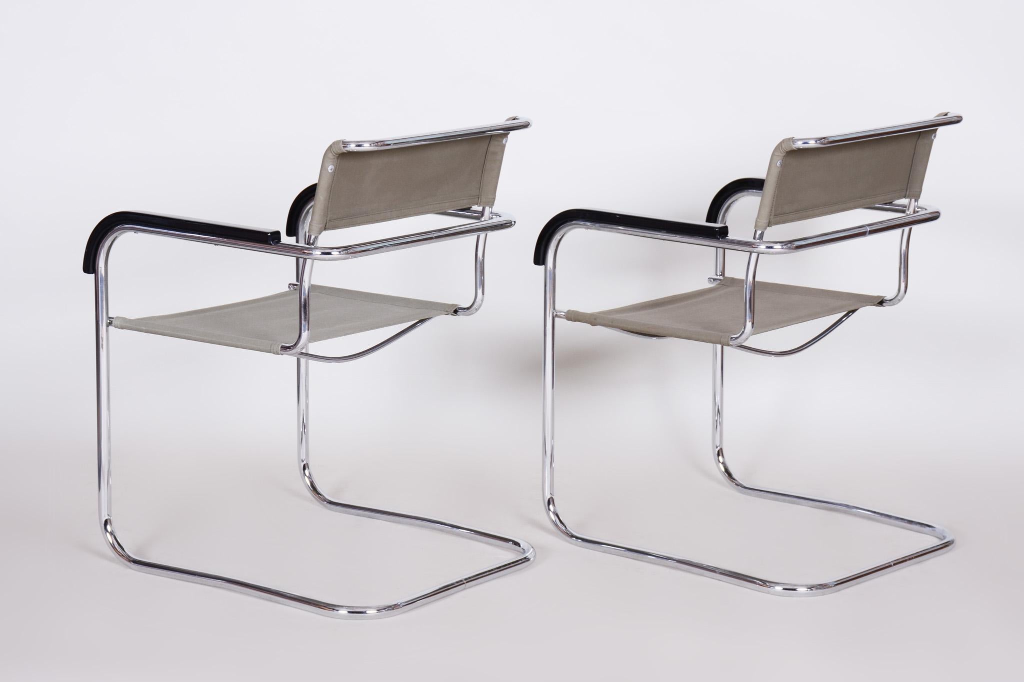 License Thonet according to the design of Marcel Breuer
Fully restored.

Armchairs, 2 pcs
Style: Bauhaus.
Period: 1930-1939.
Material: Fabric and chrome-plated steel
Source: Czechia.