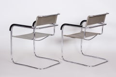 Pair of Czech Bauhaus Armchairs, Marcel Breuer and Thonet, Chrome, Fabric, 1930s