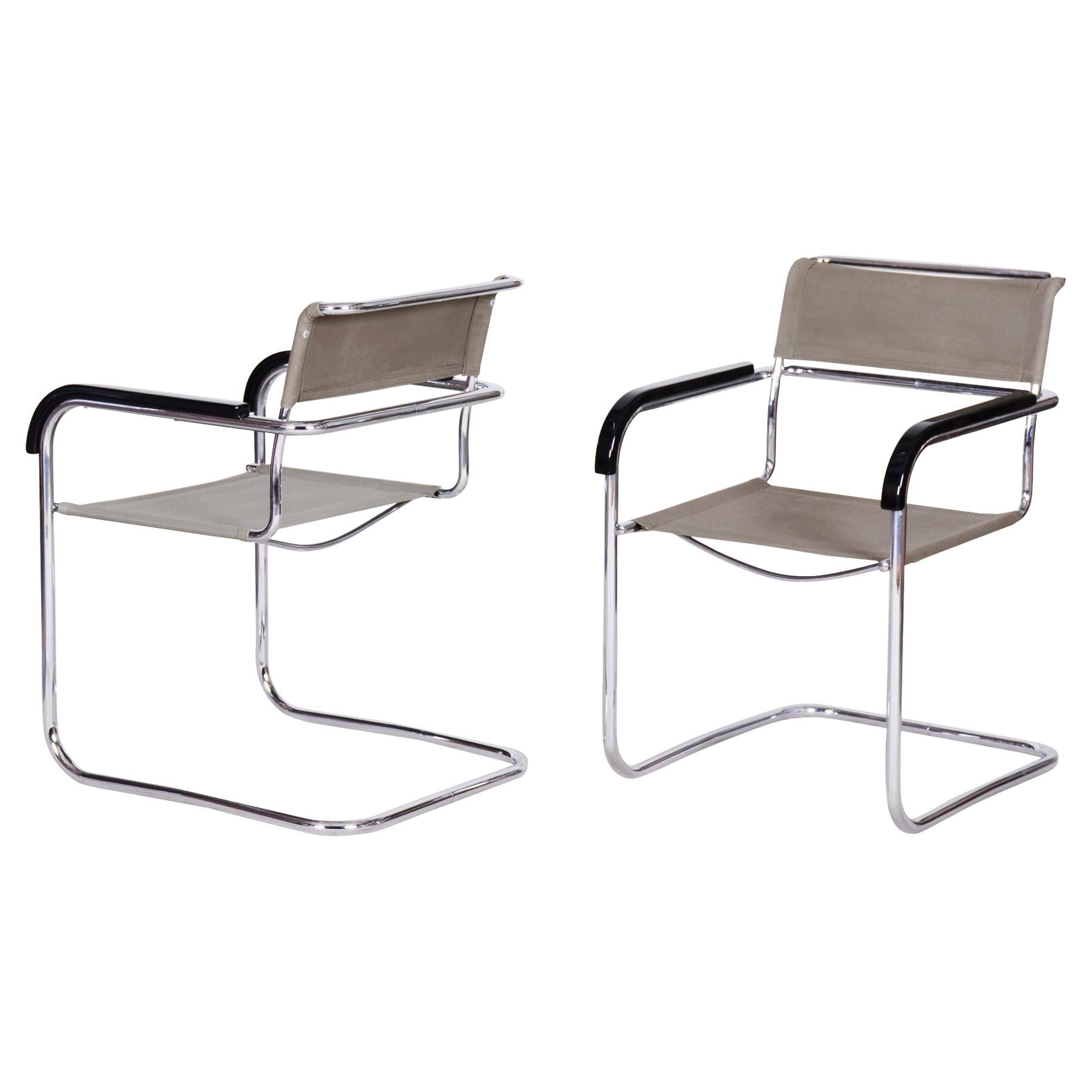 Pair of Czech Bauhaus Armchairs, Marcel Breuer and Thonet, Chrome, Fabric, 1930s For Sale