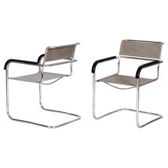 Antique Pair of Czech Bauhaus Armchairs, Marcel Breuer and Thonet, Chrome, Fabric, 1930s