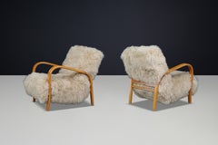 Pair of Czech Bentwood Lounge Chairs, Tibetan Sheepskin, Ecru, 1940s