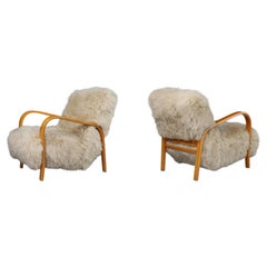 Pair of Czech Bentwood Lounge Chairs, Tibetan Sheepskin, Ecru, 1940s