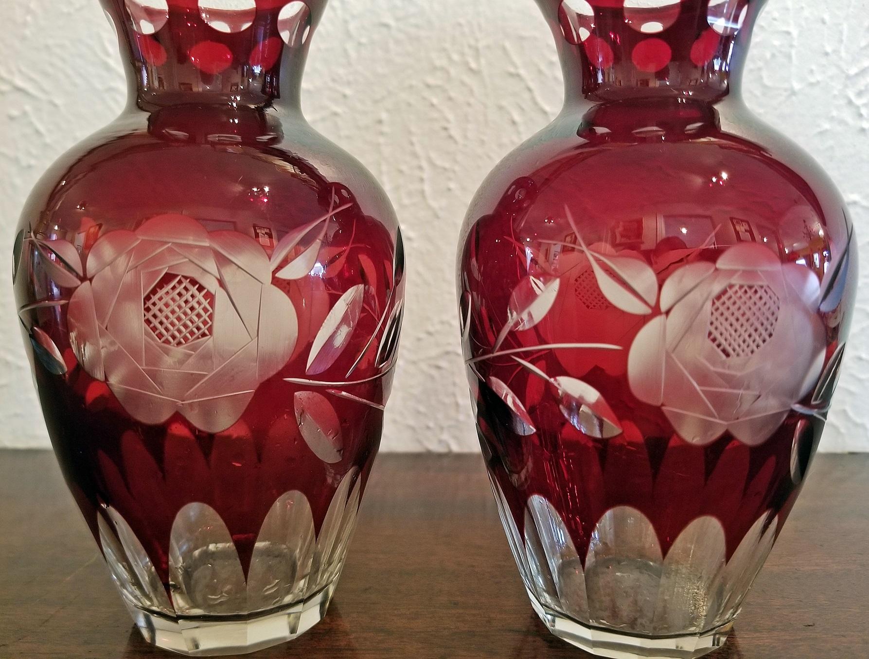 Crystal Pair of Czech Bohemian Ruby Glass Cut to Clear Vases