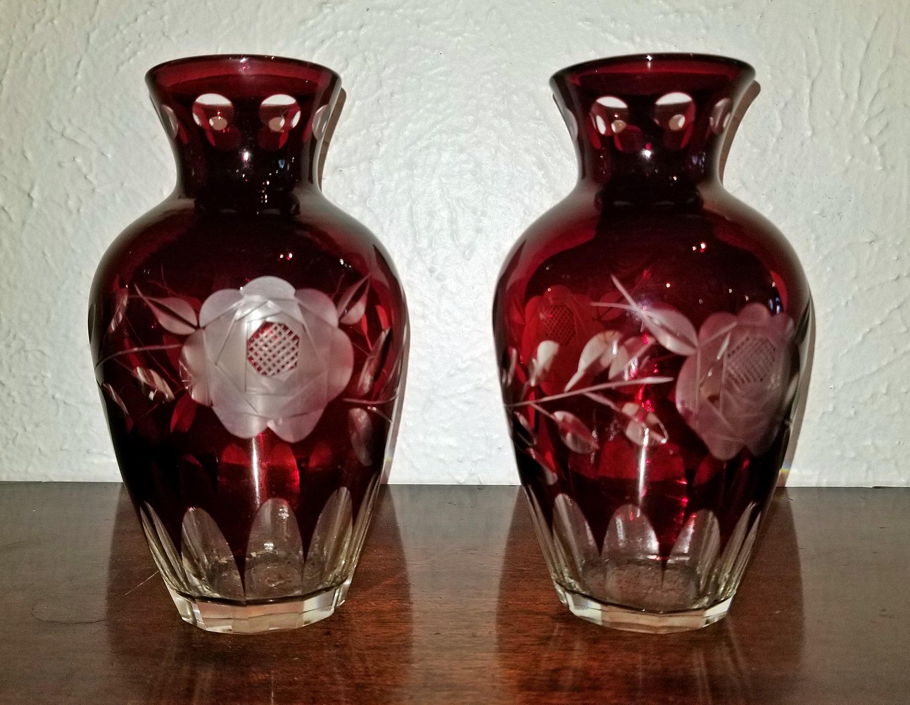 Pair of Czech Bohemian Ruby Glass Cut to Clear Vases 1
