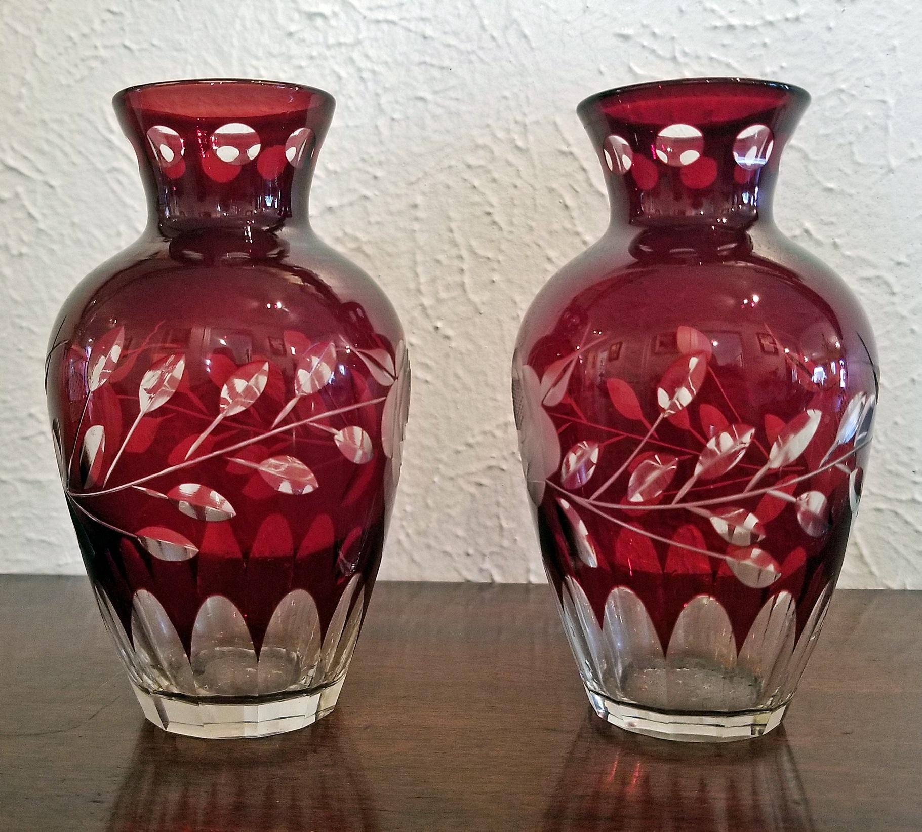 Pair of Czech Bohemian Ruby Glass Cut to Clear Vases 2