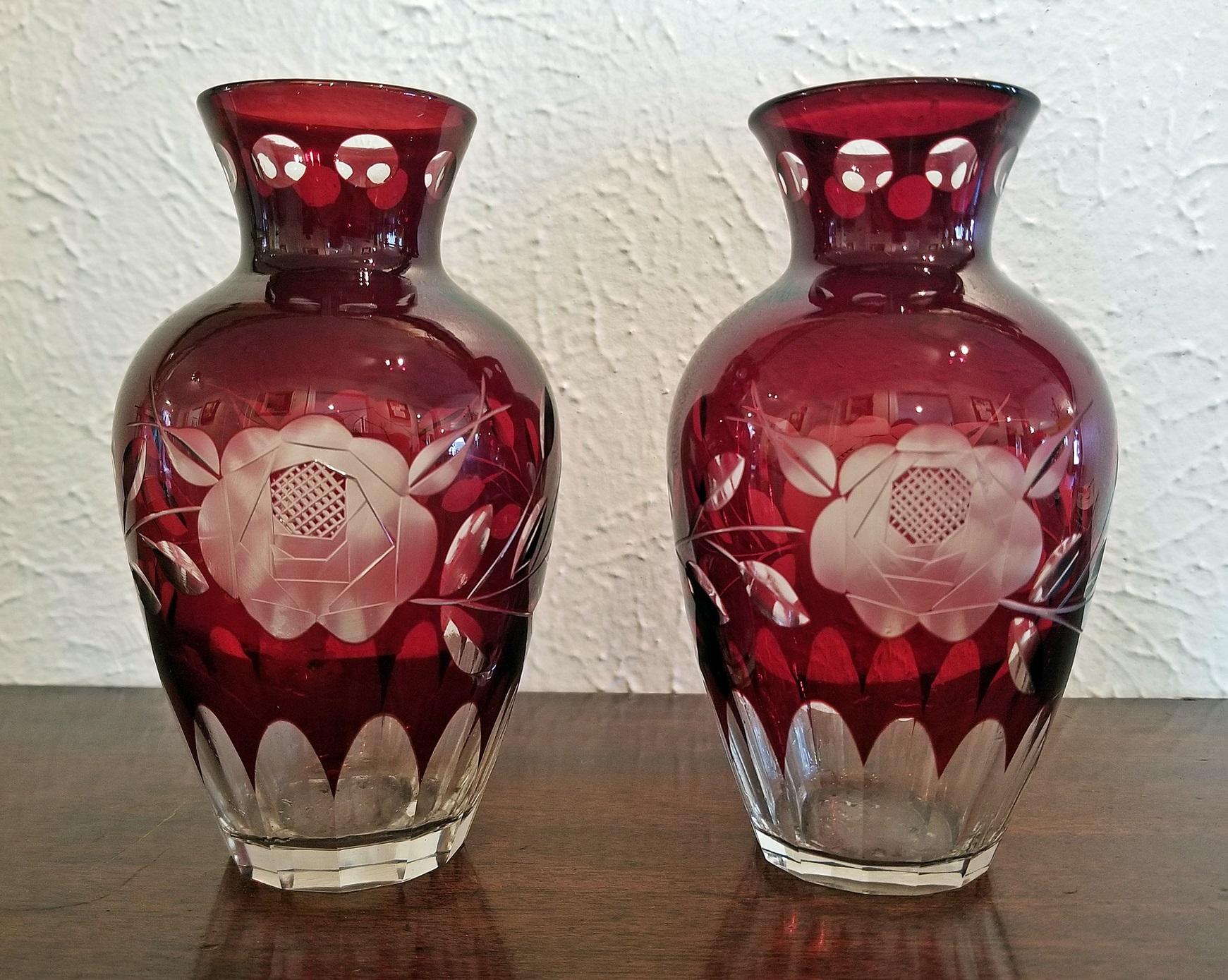 Pair of Czech Bohemian Ruby Glass Cut to Clear Vases 3