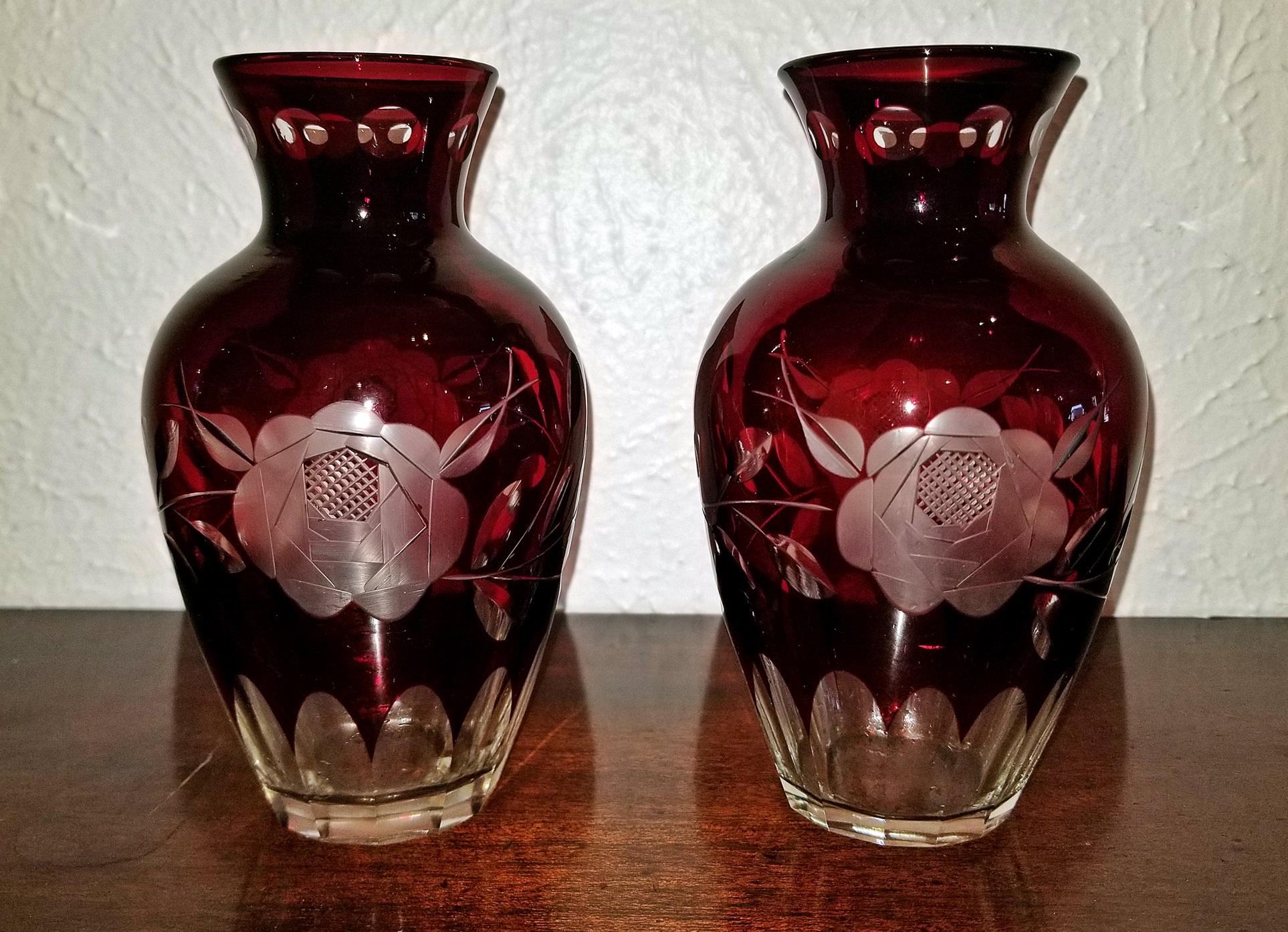 Pair of Czech Bohemian Ruby Glass Cut to Clear Vases 4