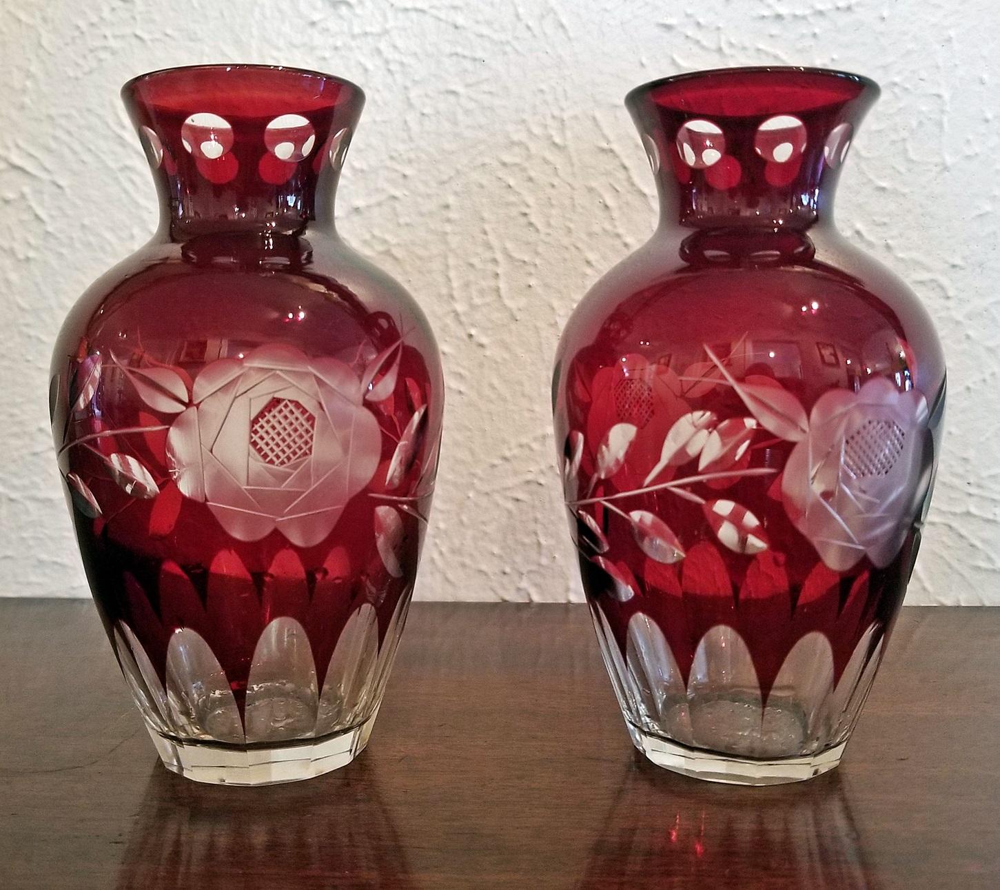 Lovely matching, small, pair of 20th century Czech Bohemian ruby glass cut to clear vases.

Perfect if you have a ruby glass cut to clear collection.

Bohemia, a part of the Czech Republic (formerly part of Czechoslovakia, formerly part of the