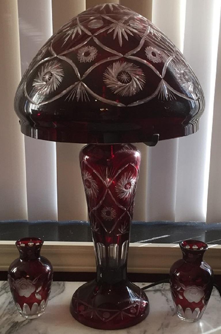 Aesthetic Movement Pair of Czech Bohemian Ruby Glass Cut to Clear Vases
