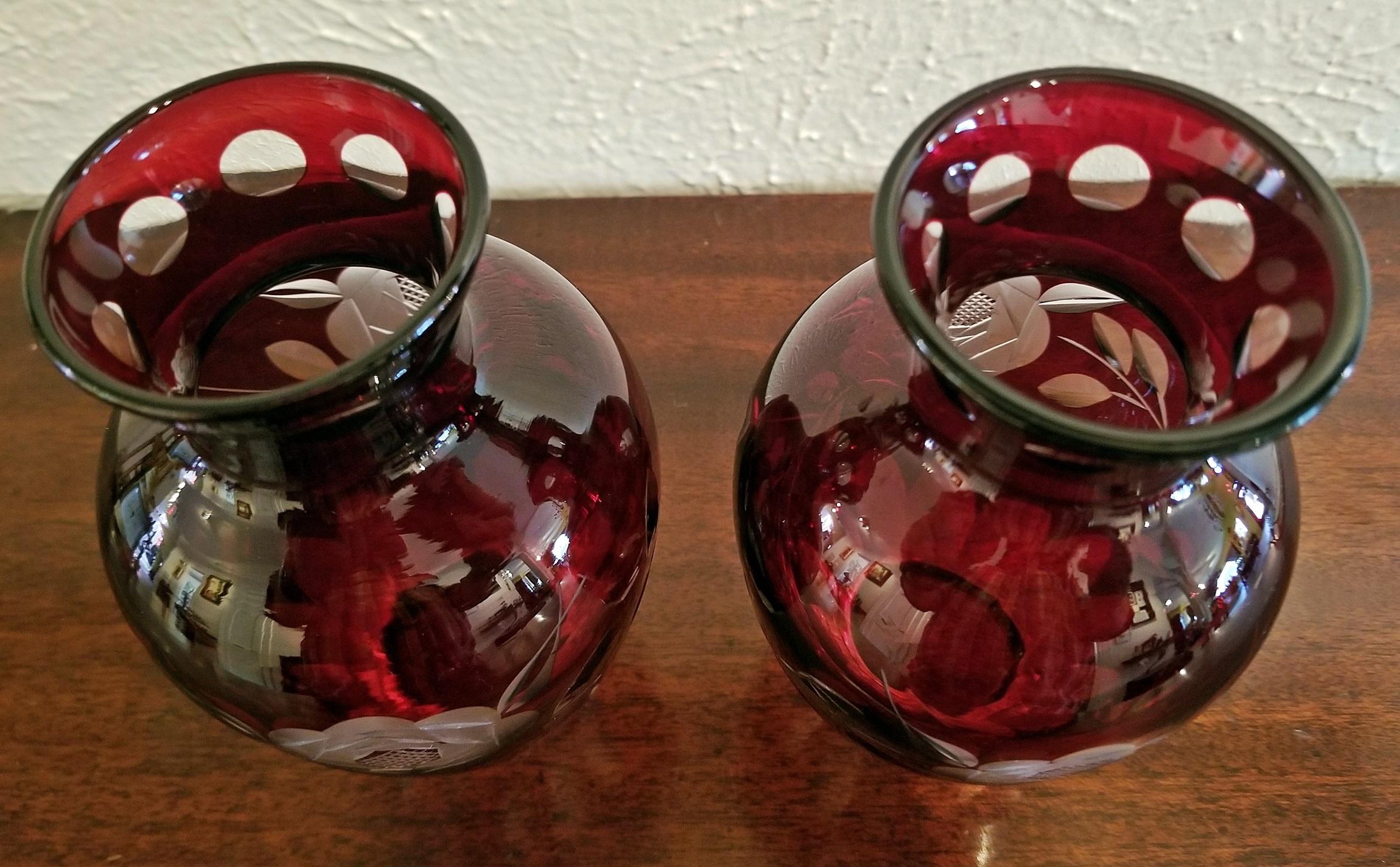 20th Century Pair of Czech Bohemian Ruby Glass Cut to Clear Vases