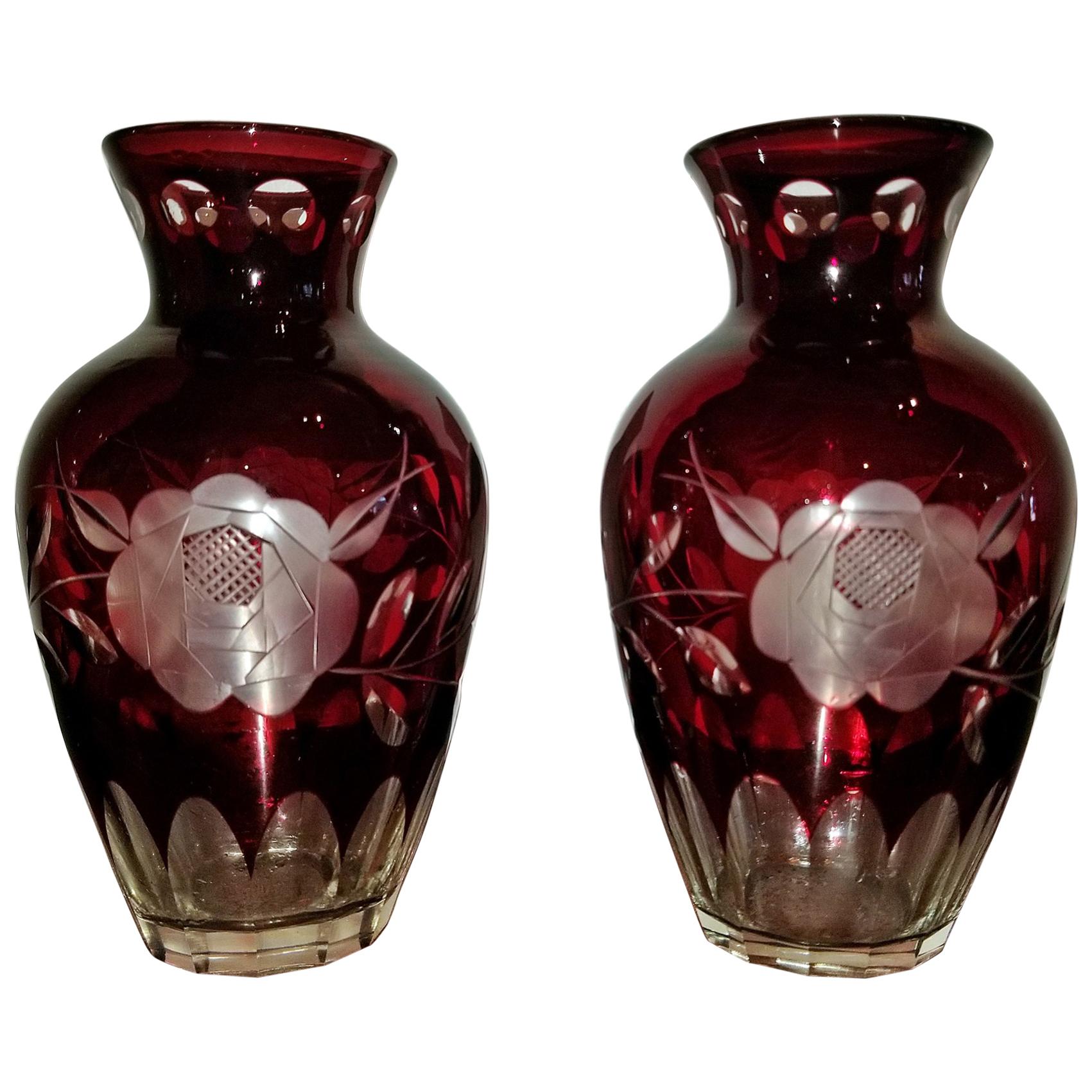 Pair of Czech Bohemian Ruby Glass Cut to Clear Vases